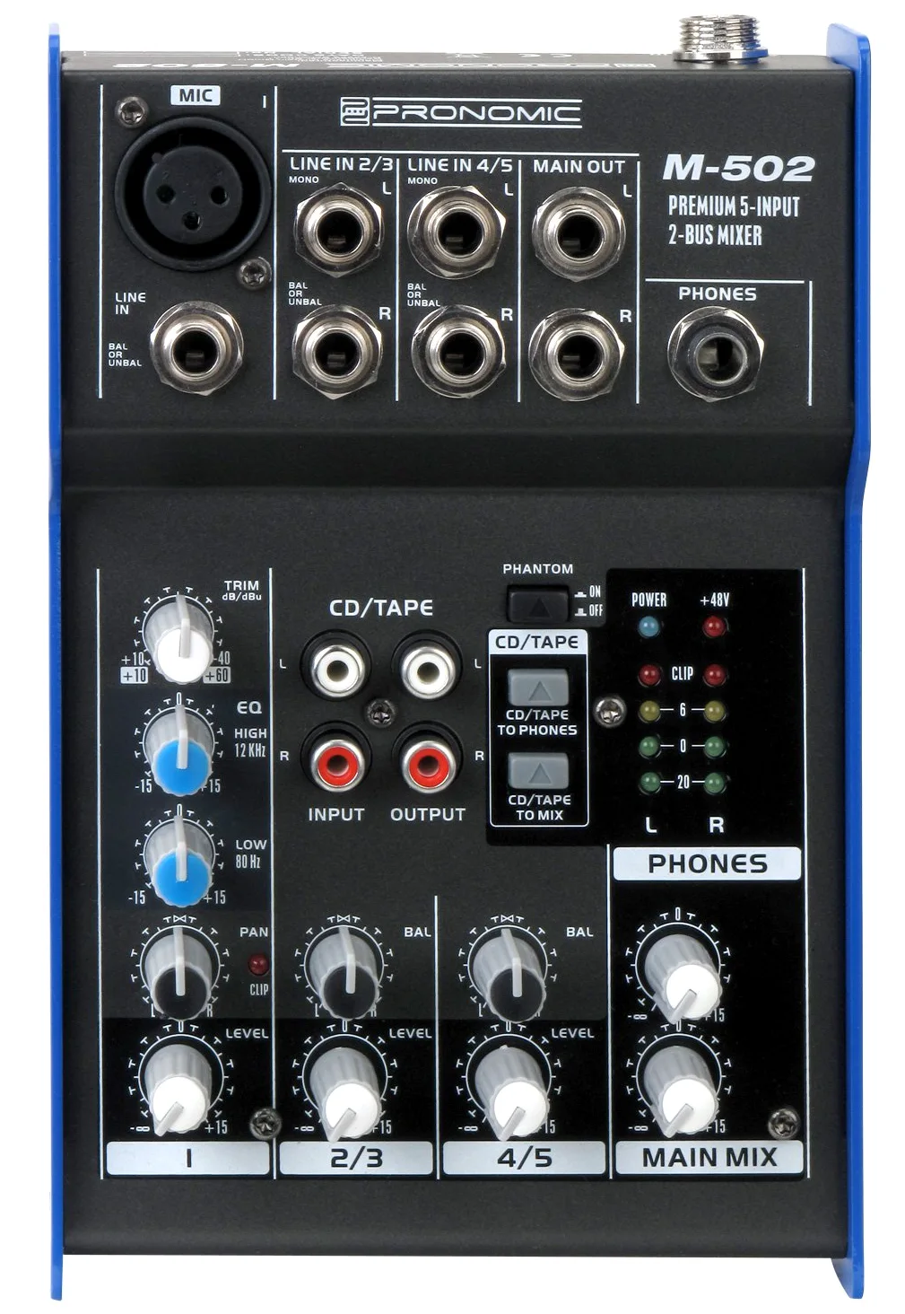 Pronomic M-502 Mixer Live/Studio (1 Canale Mono XLR/Jack, 2 Canali Stereo, EQ a 3 bande, Alimentazione Phantom 48V)