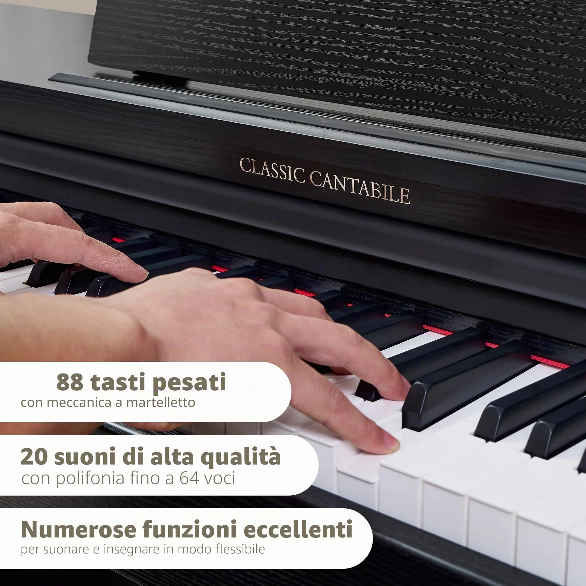 Classic Cantabile DP-220 SM E-Piano Nero Opaco, Polifonia a 64 voci | 88 tasti pesati con meccanica a martello, Dinamica di tocco regolabile su 5 livelli, 10 demo-song interni, 20 suoni, Soft