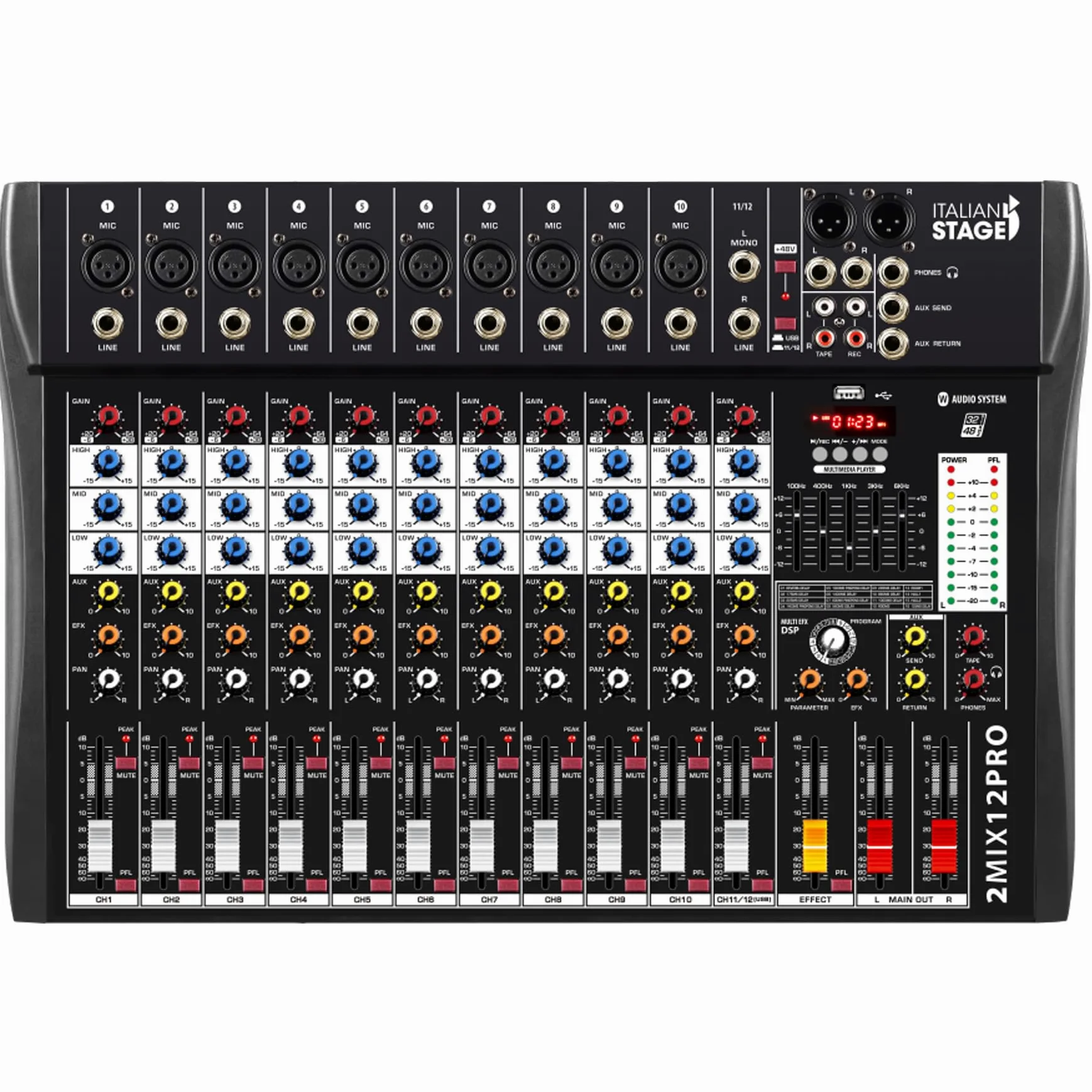 Italian Stage IS 2MIX12PRO - Mixer audio stereo 12 canali + DSP Multi FX, Lettore/registratore USB integrato e Bluetooth, Nero