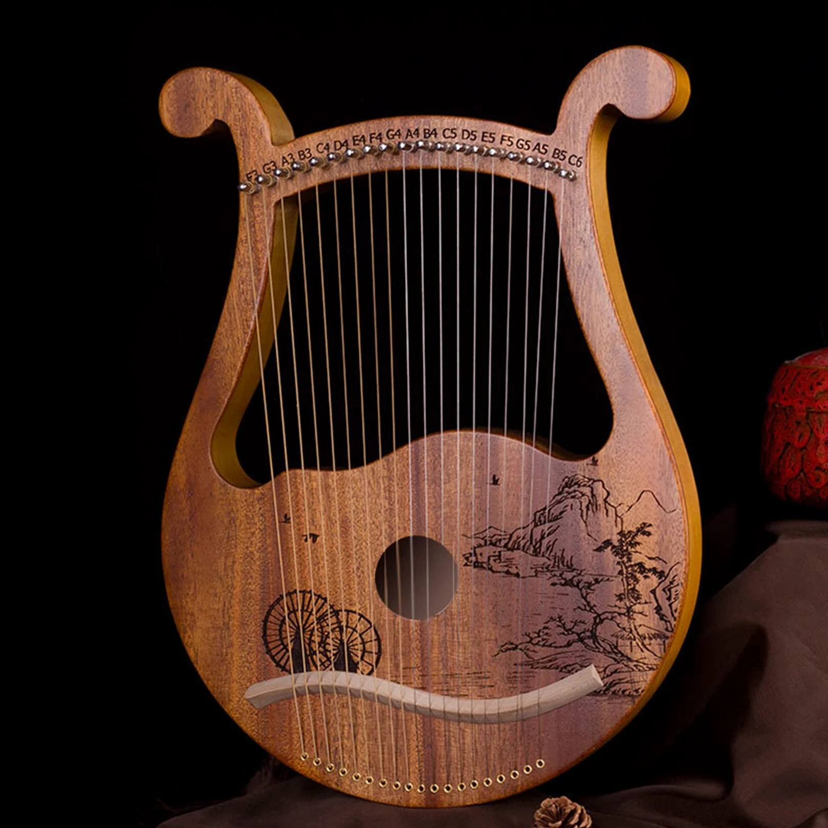 Arpa Lira, 19 corde in metallo lira, corpo in legno di mogano solido strumento musicale con corde in metallo, con chiave per accordatura, corde di ricambio, miglior regalo