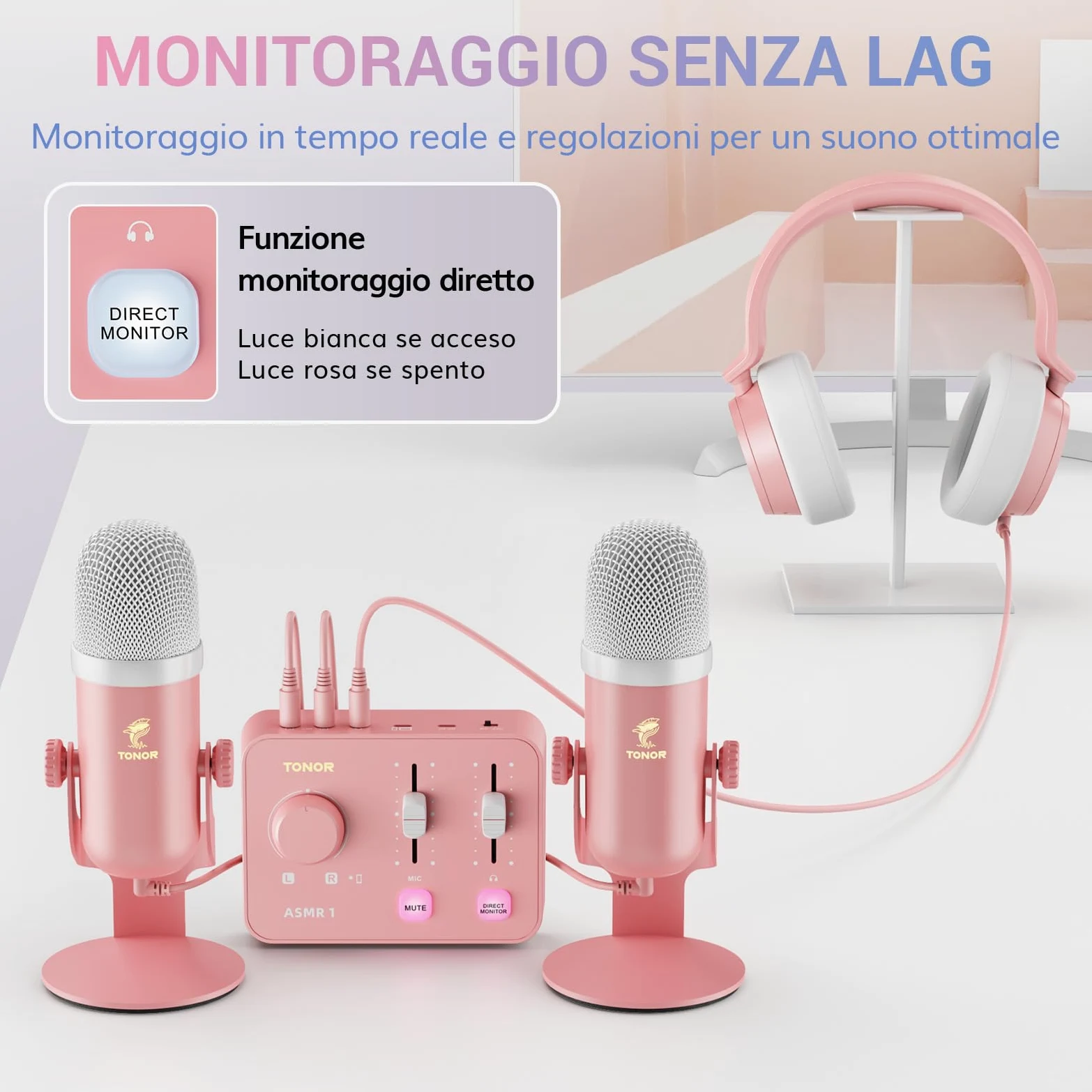 TONOR Microfono ASMR Equipment Bundle, Microfono a Doppio Condensatore con Interfaccia Audio, Audio 3D Immersivo, Suono Nitido, Controllo del Volume, Set per ASMR, Podcast, Registrazione, Rosa