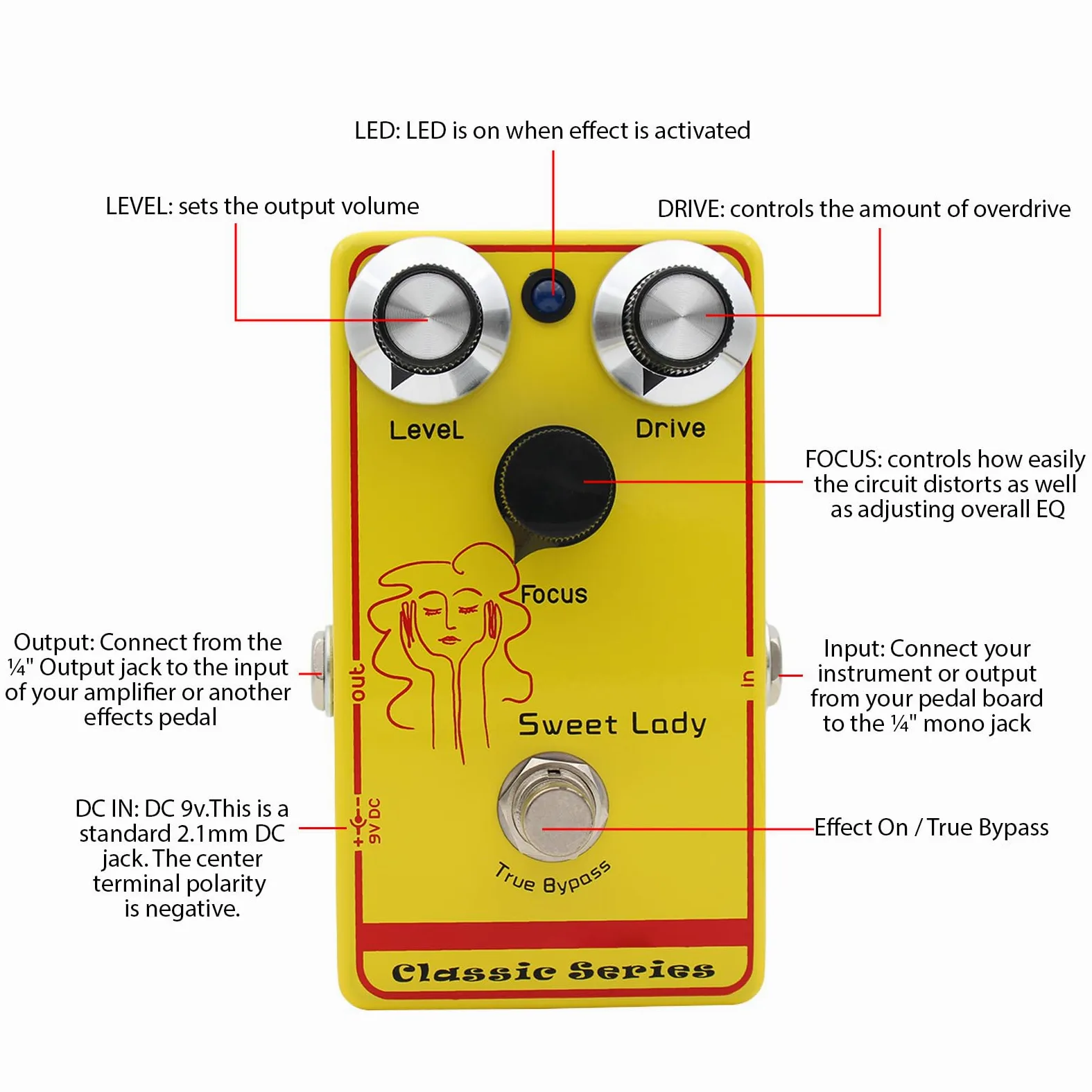 Pistallo di Overdrive Mosky, Pedale degli Effetti della Chitarra a Basso Guadagno Sensibile al Tocco Professionale con Vero Bypass, Potenza 9 V CC (Ingresso/Output da 6,35 mm)