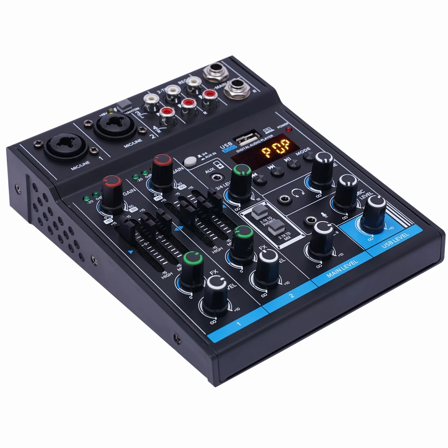 Mixer audio professionale, mixer audio DJ 4 canali, ingresso 48V alimentazione phantom, mixer stereo DJ per registrazioni, streaming live podcasting