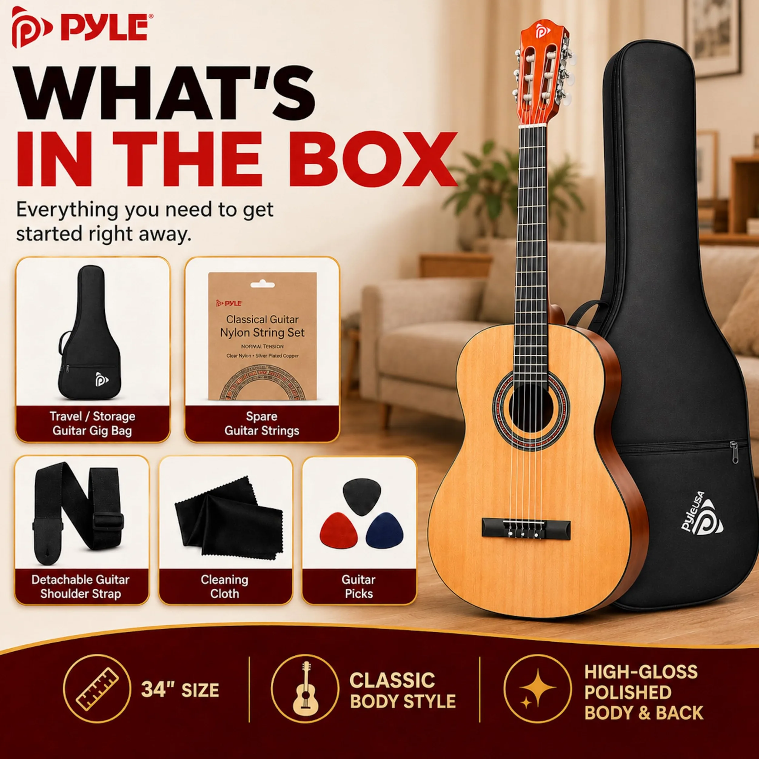 Pyle Kit per chitarra acustica per principianti, 1/2 Junior Size All Wood Instrument con kit di accessori completo, plettri, tracolla, custodia, panno per la pulizia, app accordatore, lezioni di 2