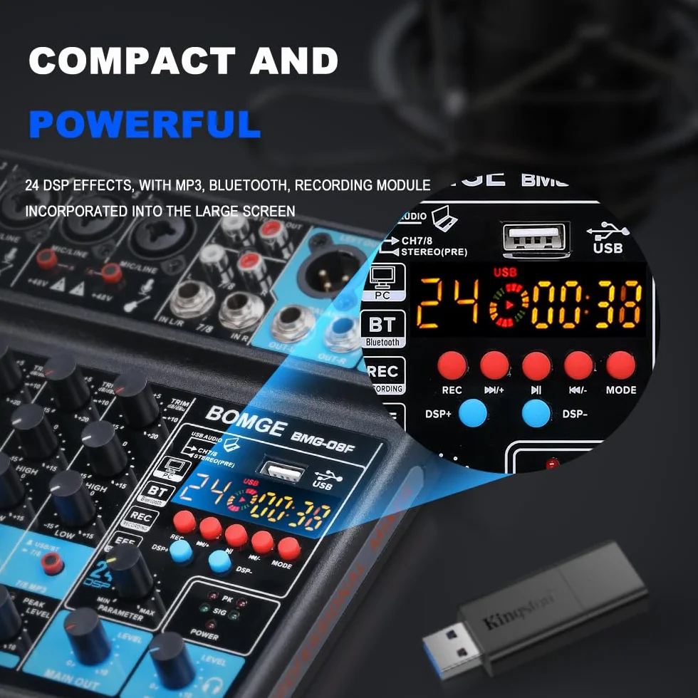 BOMGE 8 channel mini audio mixer Line Mixer ，DC 5V，with MP3 Player,Bluetooth, U disk 48V,24DSP effects, USB recording Ideal for Small Clubs or Bars, Studio Recording (8 channels-BLACK)