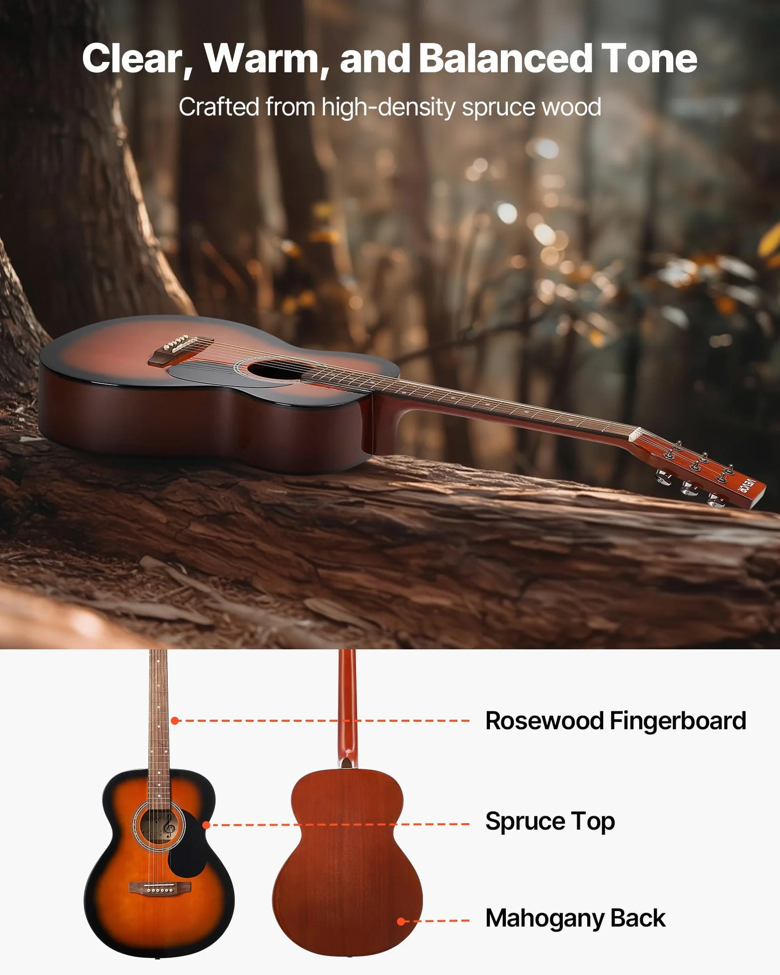 VEVOR Chitarra Acustica Dreadnought da 1016 mm Chitarra Acustica a 6 Corde con Tavola Armonica Solida Sunburst, Custodia Morbida, Accordatore, Tracolla, Corde in Acciaio, Plettri, Capotasto Mobile