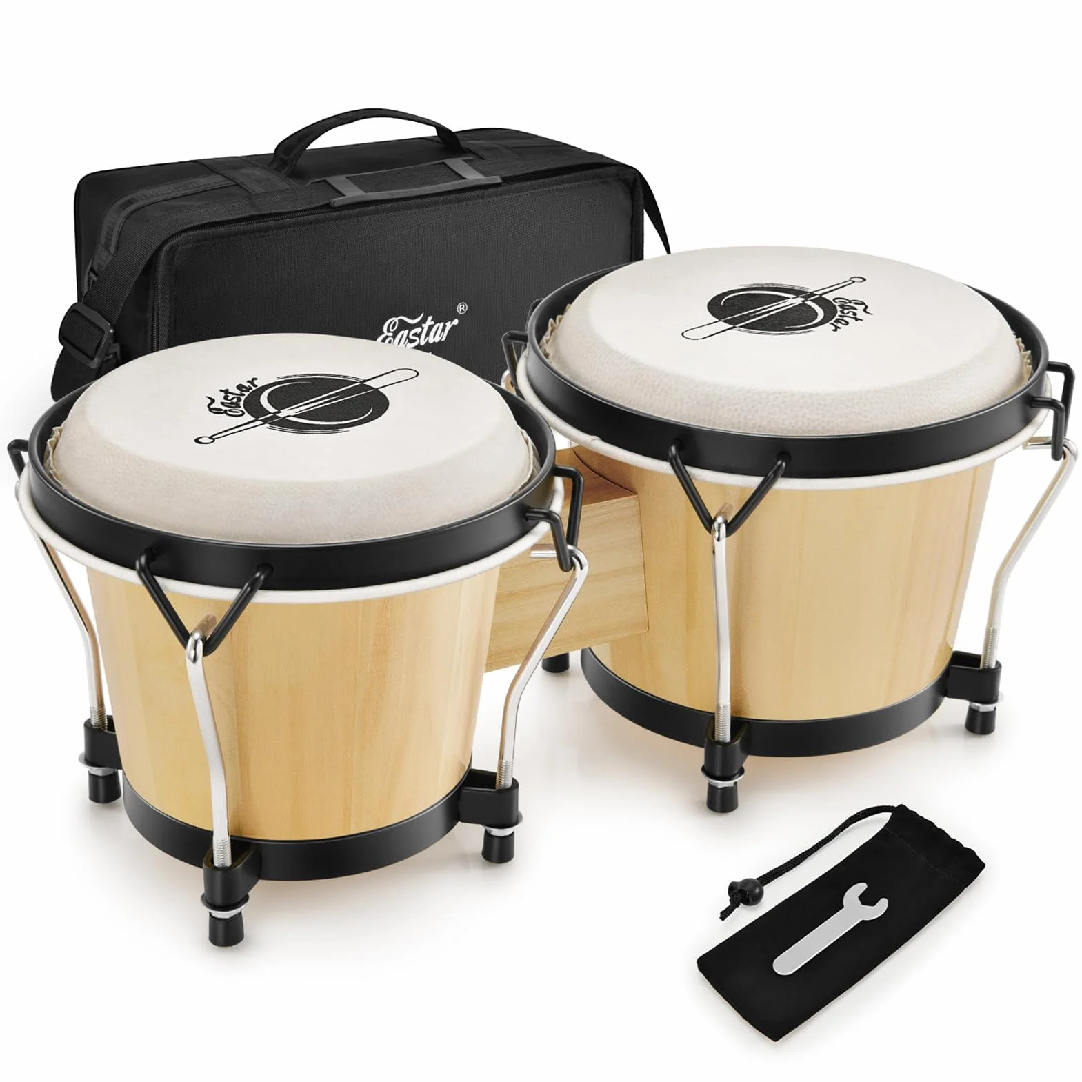 Eastar Bongo Drum 6” + 7” Per Adulti Bambini Principianti Professionisti Strumenti a Percussione Accordabili In Legno Tiglio EBO-1 naturale