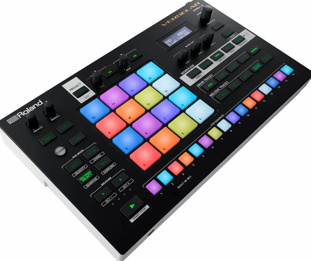 Studio di Produzione Musicale Professionale Roland VERSELAB MV-1 ZEN-Core per Compositori e Cantanti. 4x4 pad e Step Sequencer TR-REC per la batteria, le linee di basso e le parti melodiche