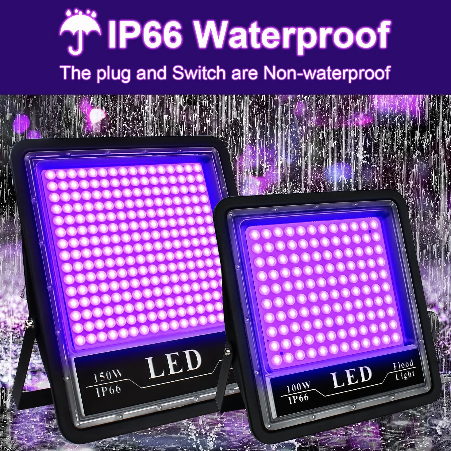 Eleganted Luce Nera UV, 100W Faretto UV LED con Spina, IP66 Impermeabile Faretto Ultravioletta 395-405nm Black light per Festa,Pittura Fluo,Poster Fluorescente,Bar,Halloween,Party,Discoteca