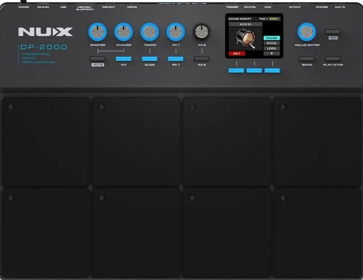 NUX DP-2000 - Cuscinetto a percussione indipendente sensibile a 8 velocità con luci LED, interfaccia interattiva UI, sei effetti a bordo e funzione Wavimport