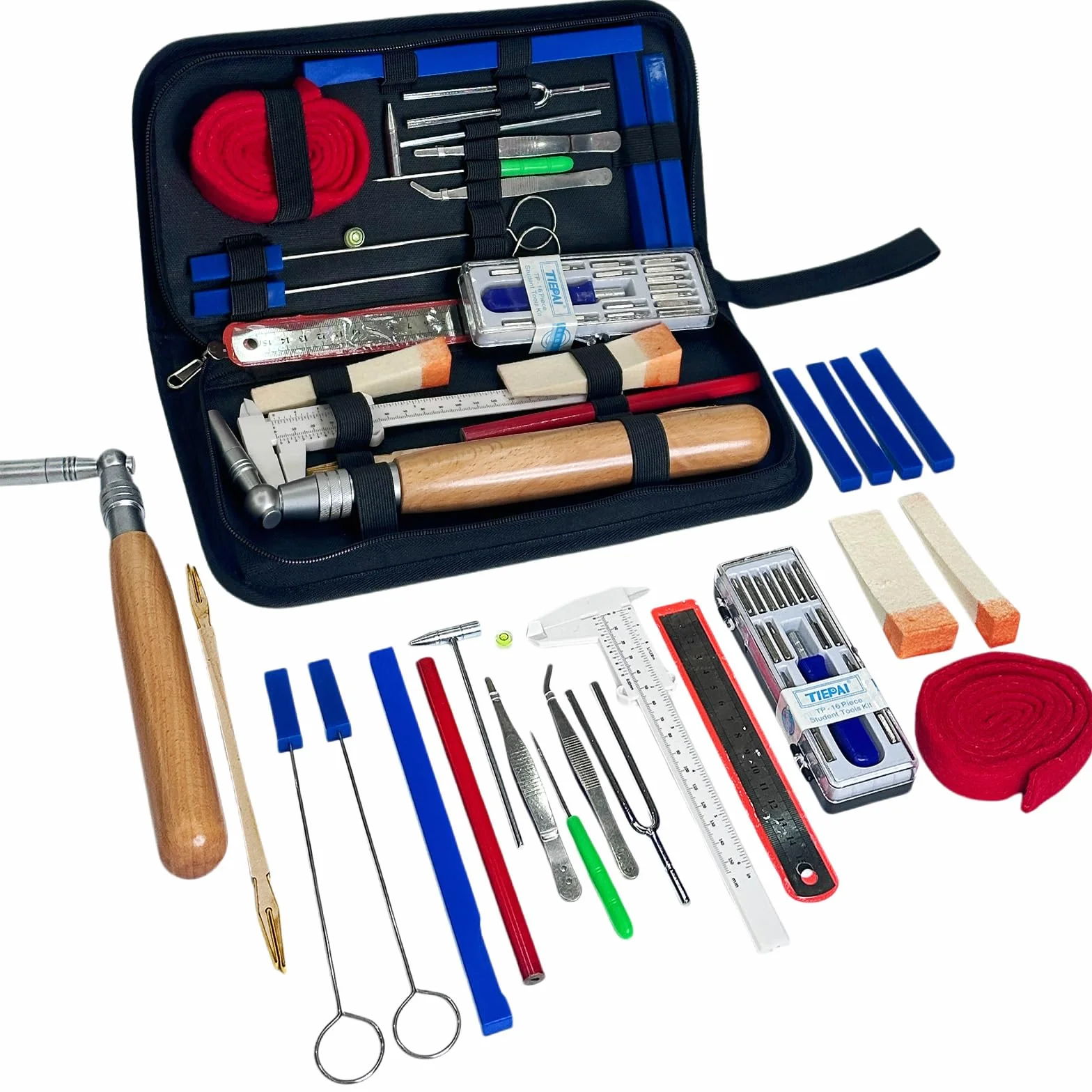 Kit di strumenti per accordatura pianoforte, 37 pezzi, per tutti i pianoforti, include chiave accordatore, martello, sordina in gomma con custodia portatile