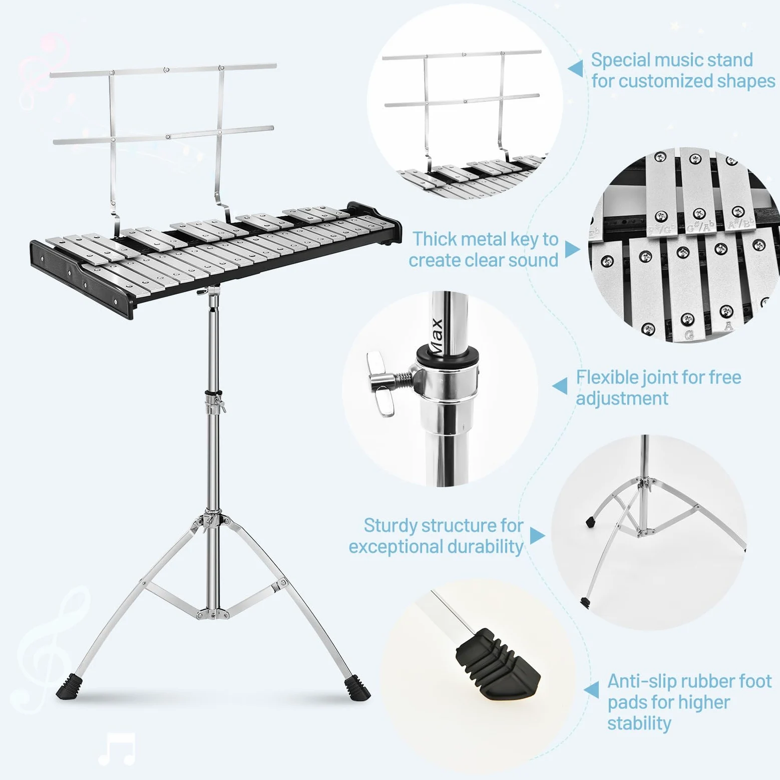 KOMFOTTEU Set con supporto regolabile in altezza, 32 note xilofono con 1 paio di bacchette e bacchette per batteria e 1 tamburo per esercizi a 8 angoli, per bambini, adulti