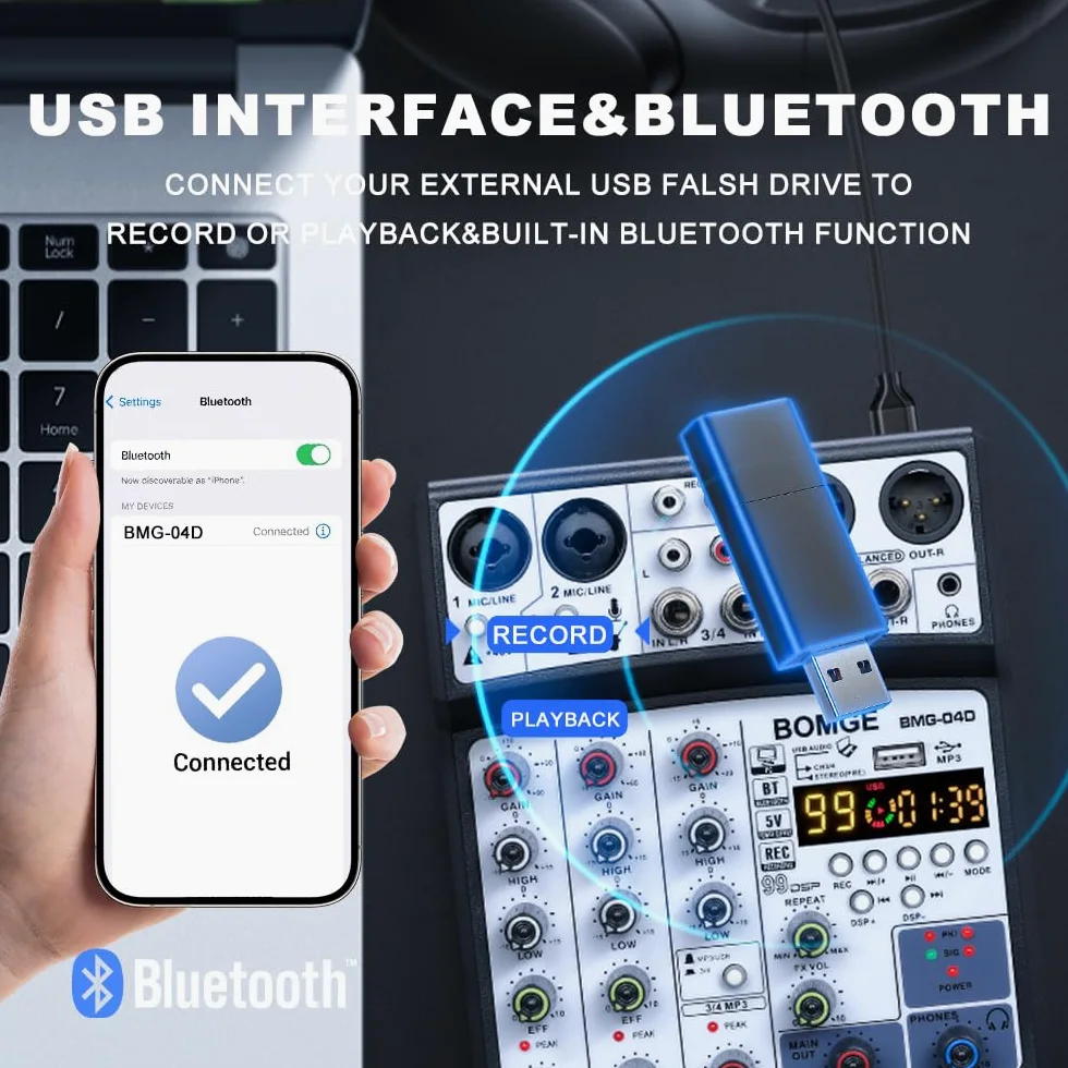 BOMGE Mixer audio professionale per DJ a 4 canali con 99 DSP interfaccia console di mixaggio karaoke da tavolo ingresso MP3 USB ingresso Bluetooth registrazione stereo alimentazione Phantom 48V
