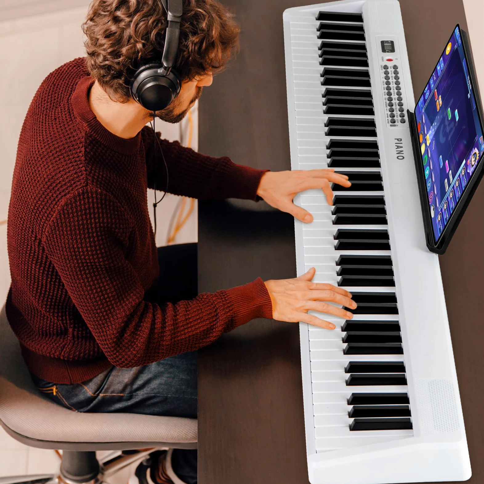 KOMFOTTEU Pianoforte Digitale 88 Tasti Pieghevole, con MIDI Wireless, Altoparlanti Doppii, 1000 Timbri E Ritmi, Tastiera Elettronica Semi-Pesato, Pianola Facile da Trasportare con Borsa (Bianco)