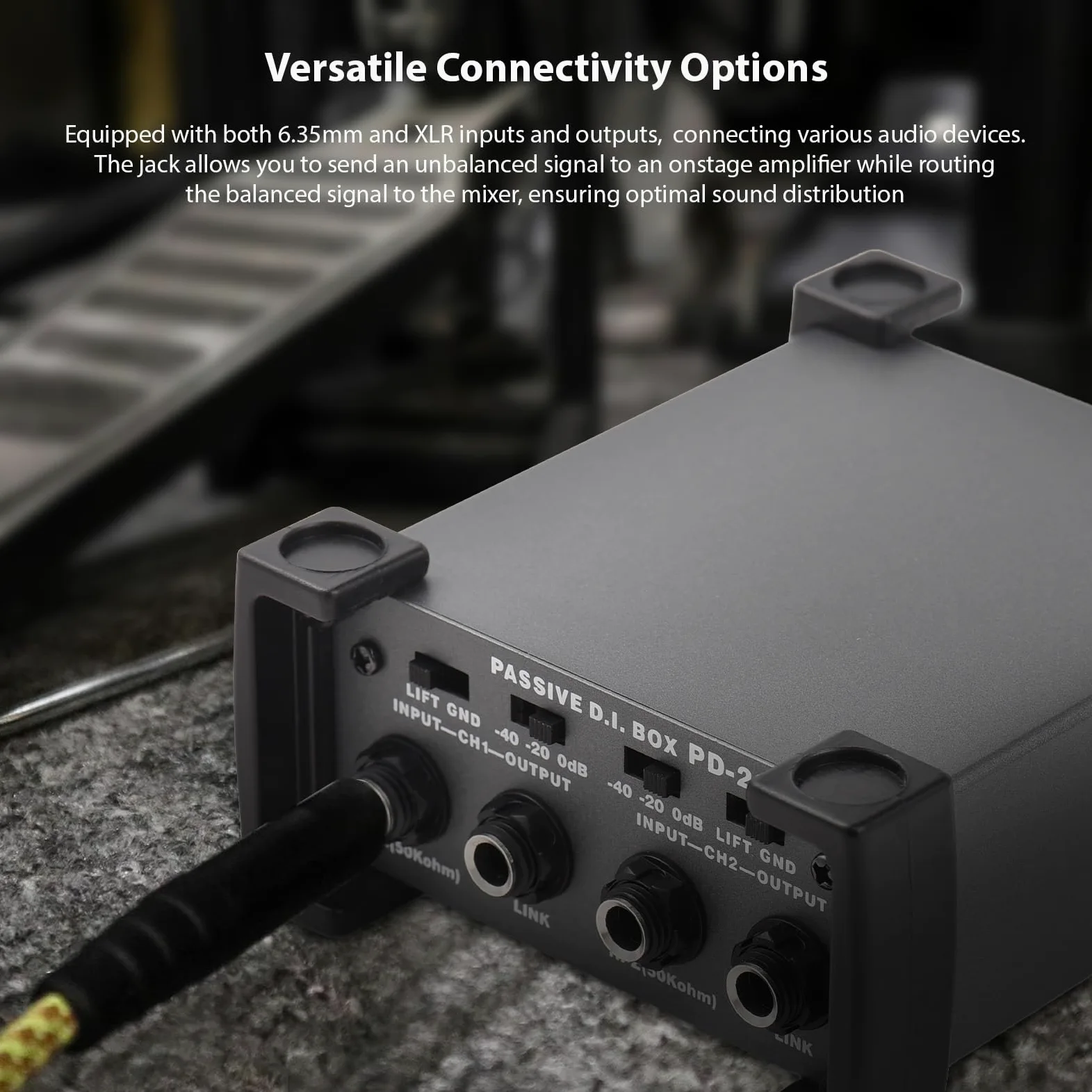 Unità DI-Box passiva a 2 canali Eliminatore di ronzio Direct Box per strumenti da 1/4'' a XLR Trasformatore di impedenza professionale Isolatore audio DI Direct Box per tour e spettacoli dal vi