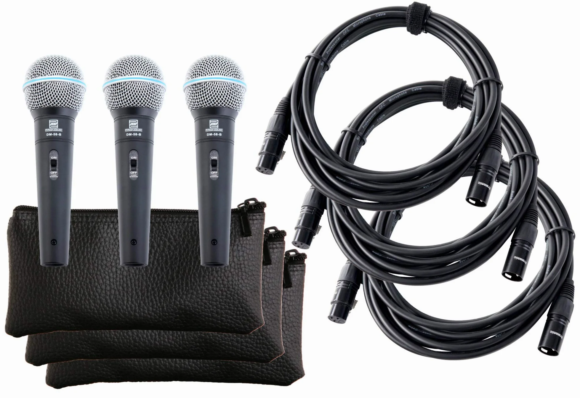 Pronomic DM-58-B Microfono Vocale con Interruttore Set da 3 incl. 3x Cavo | Microfono universale per voce e canto, Particolarmente adatto per DJ, beatbox, ecc., Suono potente e caldo, Capsula: dinamica