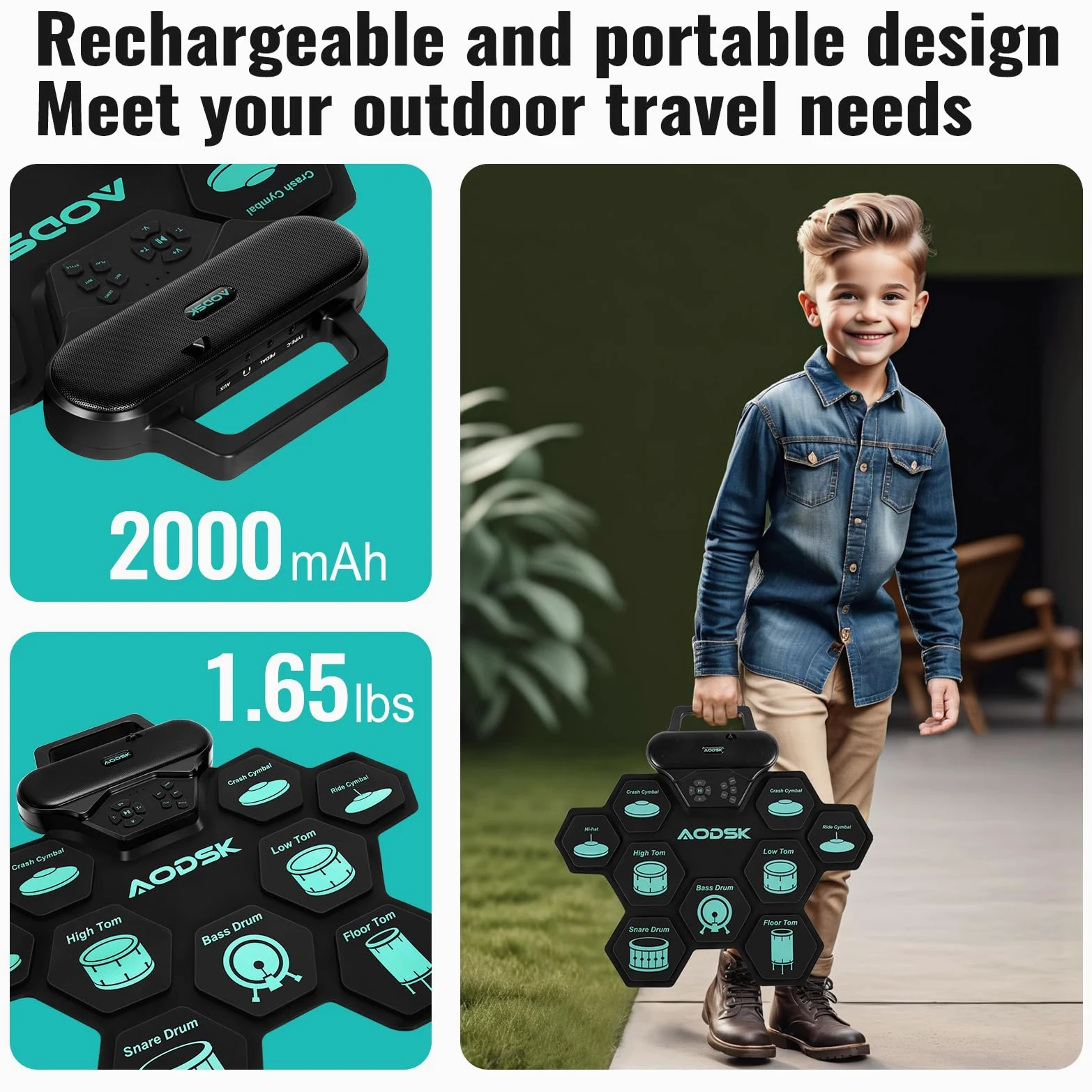 AODSK Set batteria elettronica, 9 pad per esercitarsi con jack per cuffie, macchina arrotolabile con altoparlante integrato, pedali, bacchette, ottimo regalo per Natale, compleanno