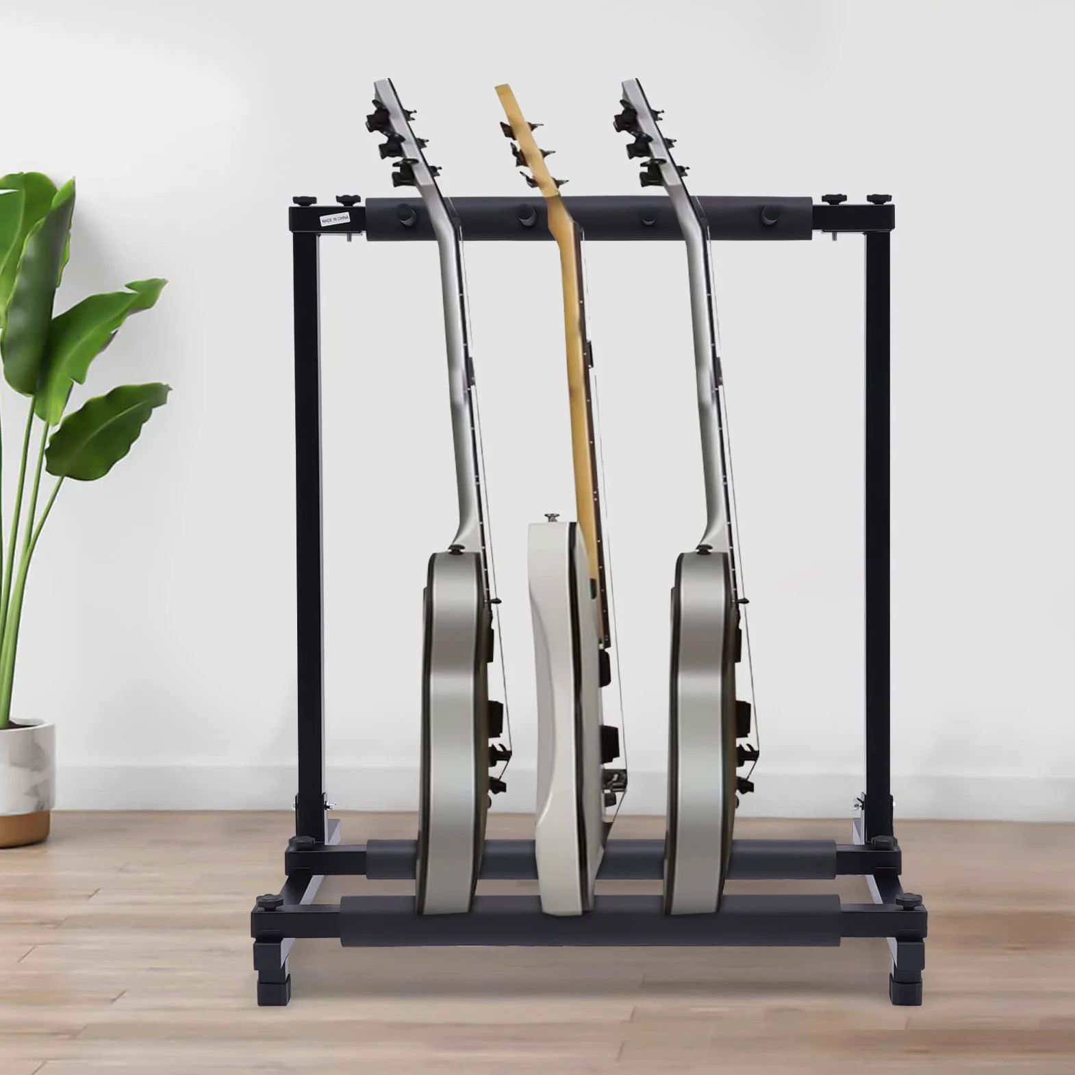 Supporto per chitarra, in metallo, regolabile, più supporto per chitarra, con piedini in gomma antiscivolo, copertura per chitarra, basso, violino, ukulele (3 chitarre)
