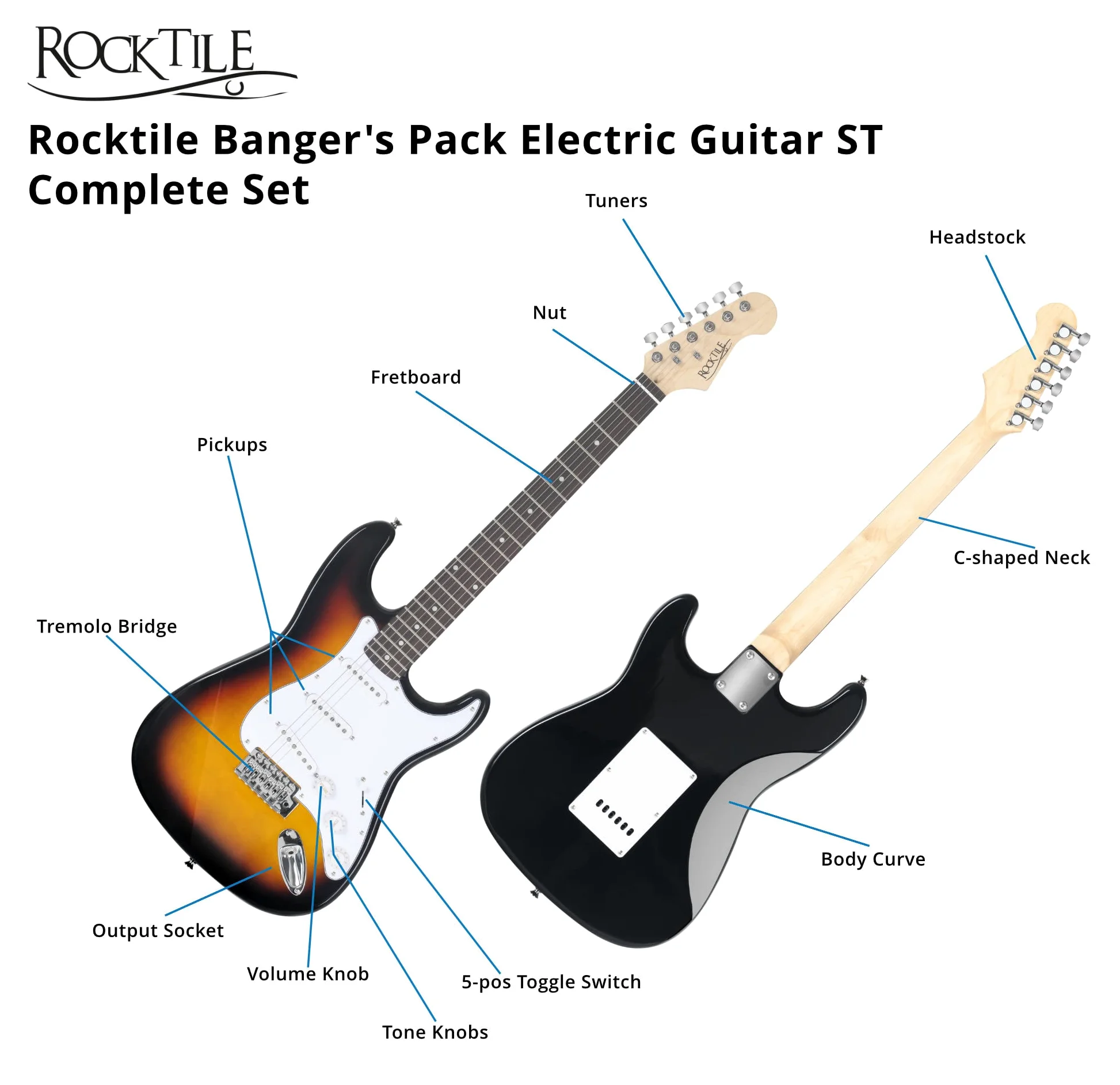 Rocktile Banger's Pack Set Chitarra Elettrica Sunburst - Kit Completo per Chitarre Elttriche con Amplificatore 25W, Custodia Morbida, Cavo, Tracolla, Tremolo, Plettri - Marrone (Vintage Sunburst)