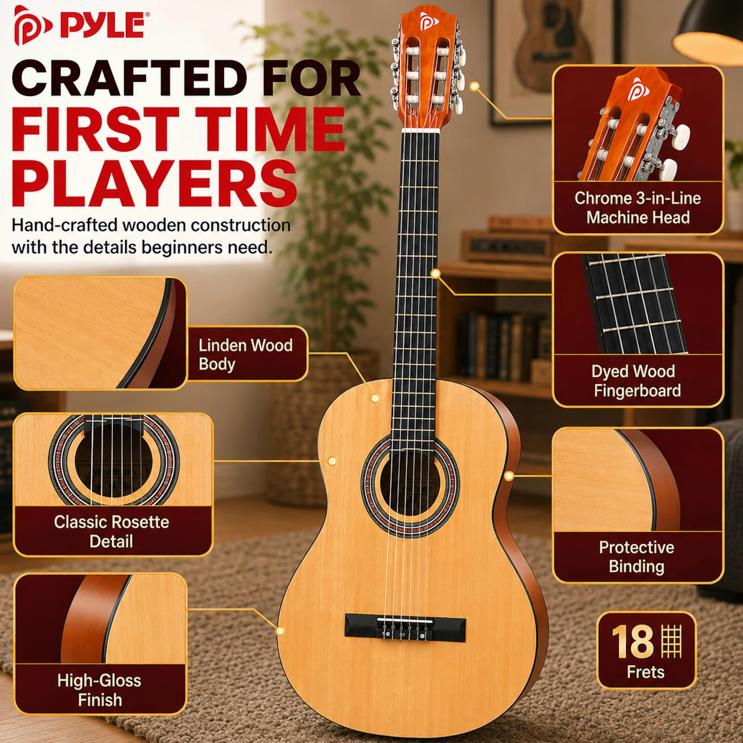 Pyle Kit per chitarra acustica per principianti, 1/2 Junior Size All Wood Instrument con kit di accessori completo, plettri, tracolla, custodia, panno per la pulizia, app accordatore, lezioni di 2