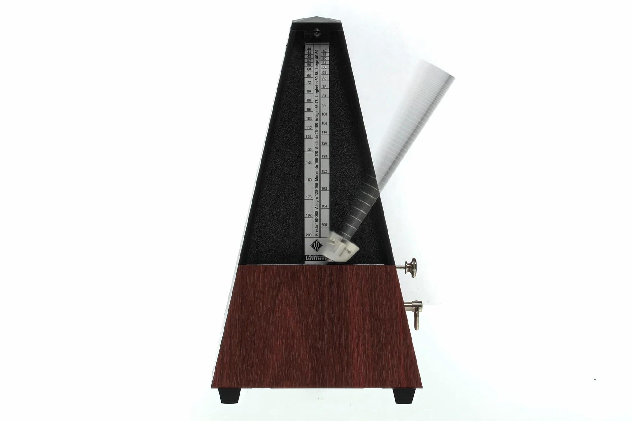 Wittner Metronomo Taktell forma piramidale Sistema Maelzel Serie 802K - Custodia in plastica - Con campana - Con coperchio in plexiglass - Venatura mogano - Non richiede batterie - Made in Germany