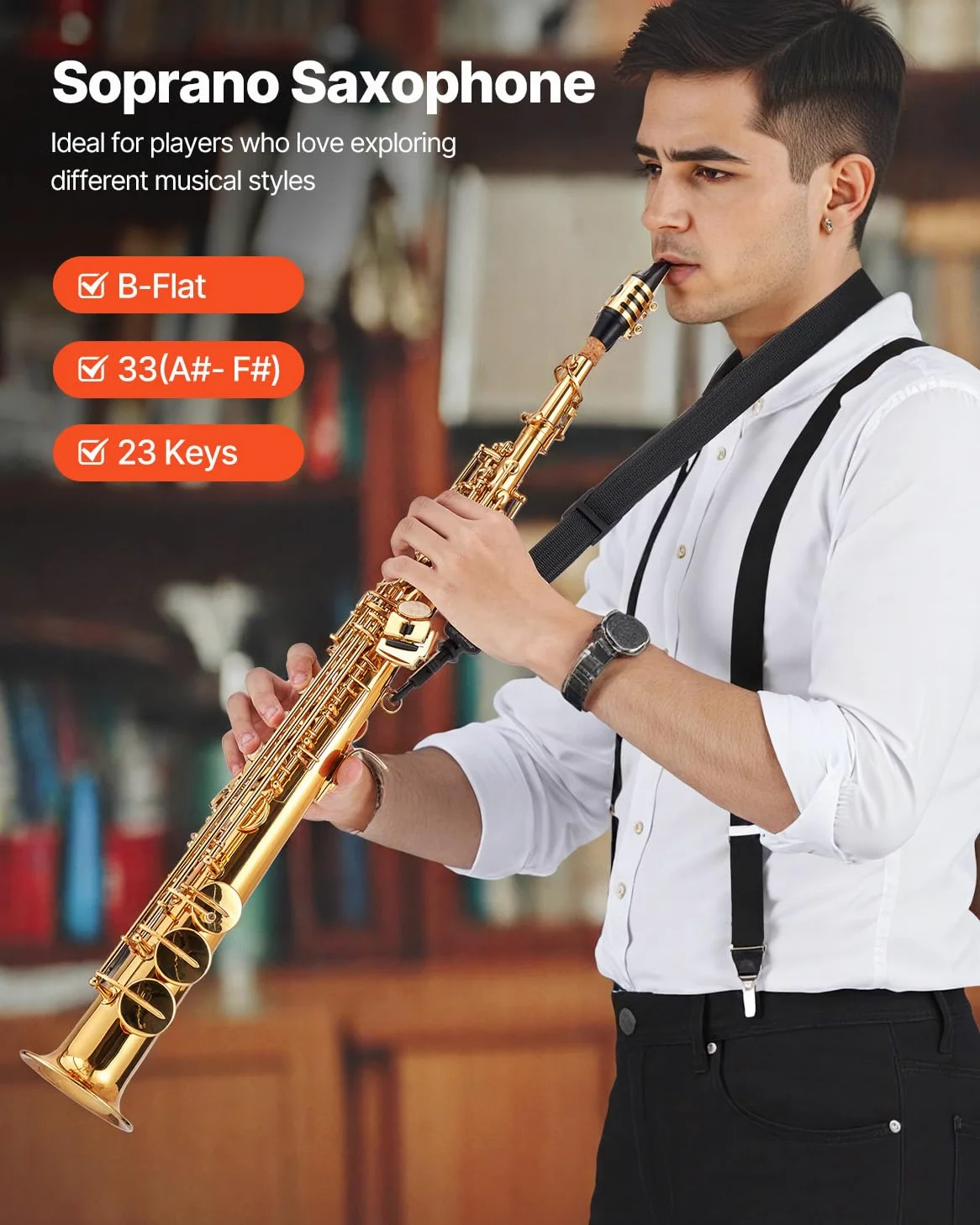 VEVOR Sassofono Soprano Dritto, Si Bemolle, Kit di Sassofono in Ottone a 23 Tasti per Principianti, con Custodia Trasporto, Bocchino, Asta per Panno di Pulizia, Guanti, Tracolla, Oro