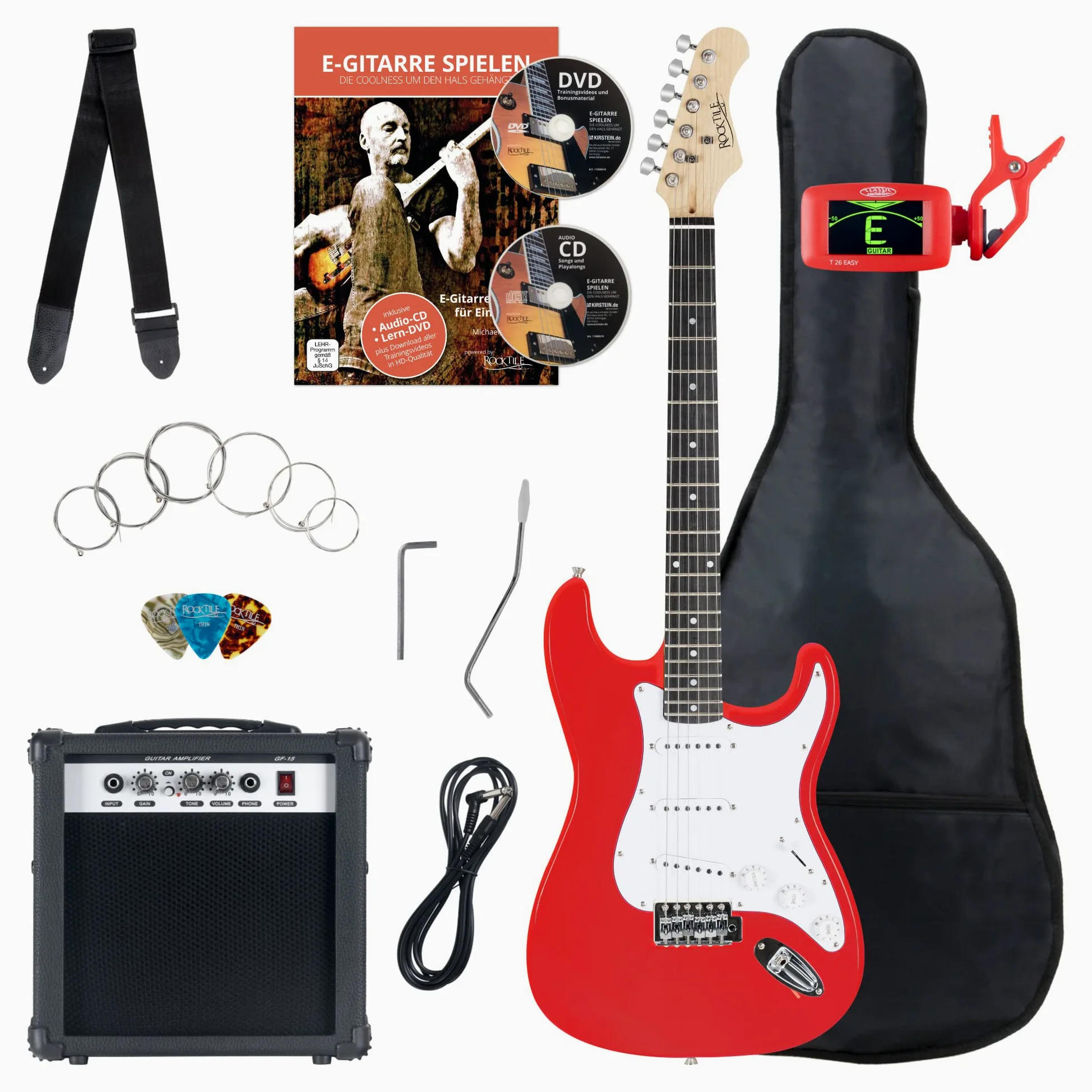 Set Chitarre Elettrica Rocktile Banger's Pack Red con Amplificatore | Chitarra Elettrica, Chitarra Rocktile ST-Style, Finitura Red, 3 pickup Single-Coil, Selettore a 5 vie, Leva tremolo, 5 x 4 cm