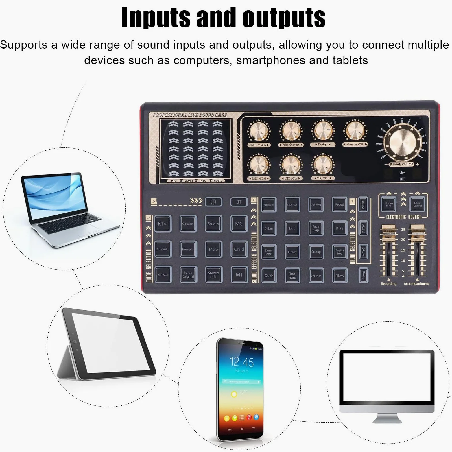 Scheda Audio Dal Cambia Voce, Mixer Audio Portatile Effetti Sonori, Schede Audio Esterne per Streaming Live Registrazione Accompagnamento Giochi