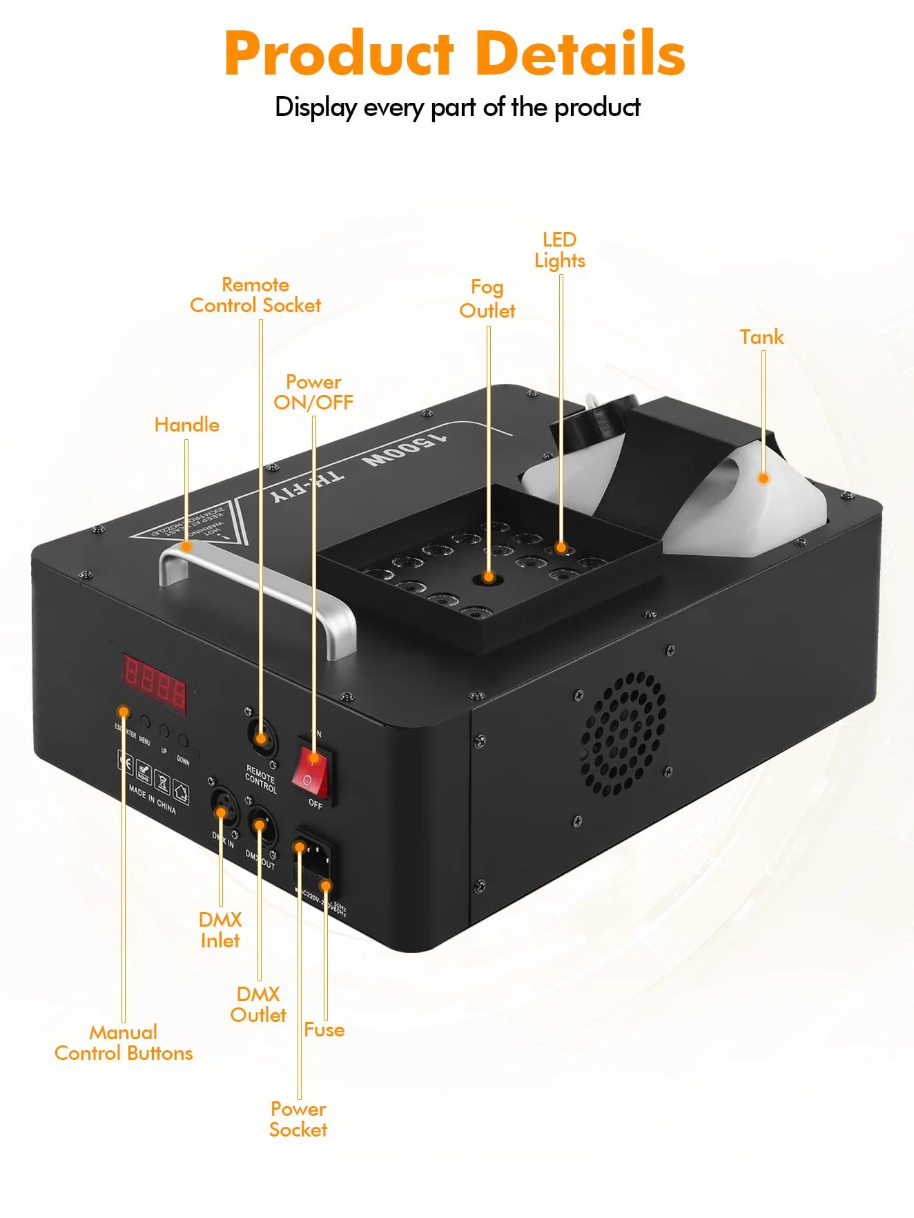Ridgeyard Macchina per il fumo da 1500 W con telecomando wireless e luce a LED con 16 colori, adatta per DJ discoteca party, Halloween, Natale, feste di nozze e spettacoli sul palcoscenico, ecc