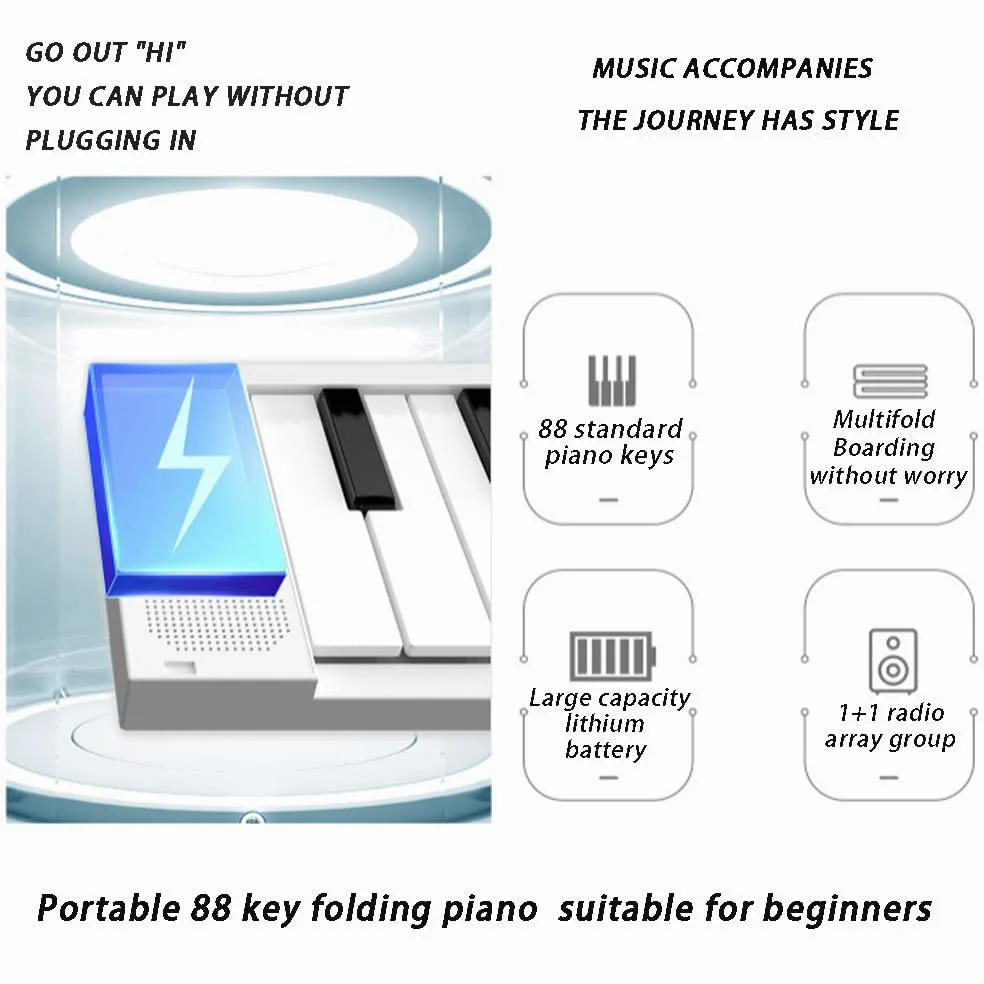 Pianoforte pieghevole a 88 tasti, tastiera portatile pieghevole, per collegare Bluetooth e cuffie, pedale sostenuto, batteria ricaricabile, tastiera elettronica portatile per principianti (bianco)
