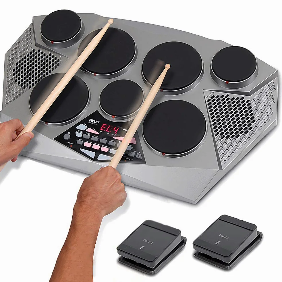 Pyle Pro Electronic Drum Kit - Batteria elettrica portatile da tavolo con pannello digitale, 7 pad per batteria, controller per pedale Hi-Hat/Kick Bass USB AUX - Tom-Toms, Hi-Hat, rullante, piatti