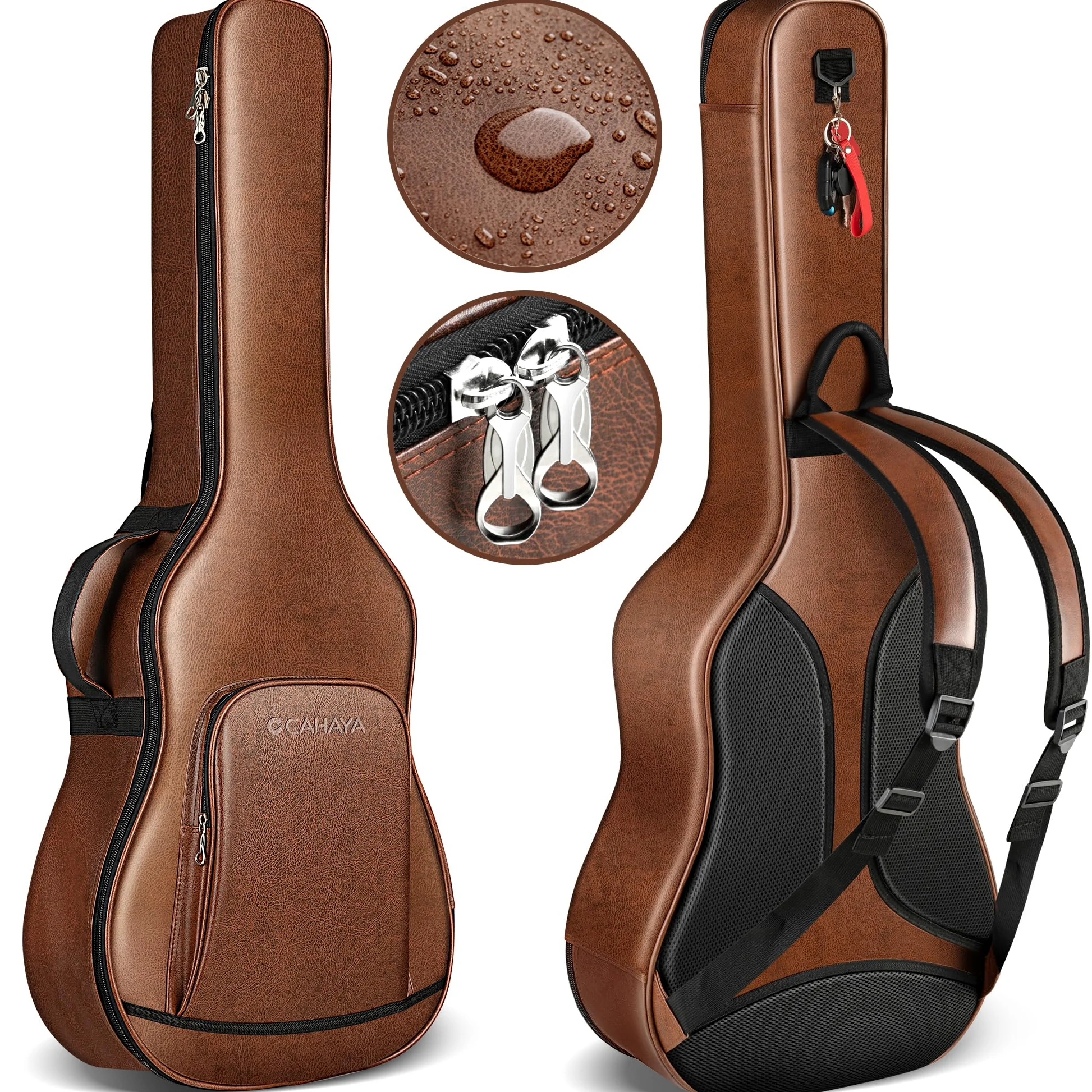 CAHAYA Custodia per Chitarra Acustica PU - Marrone Impermeabile con Imbottitura Traspirante 15 mm di Spessore - Doppia Cerniera