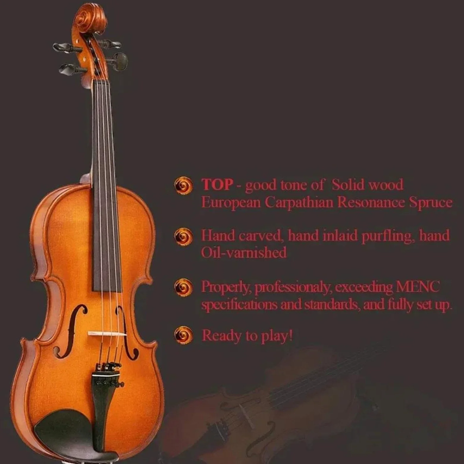 Kit Di Violino Professionale Violino 4/4 A Grandezza Naturale Violino Acustico In Legno Massello Intagliato E Verniciato A Mano