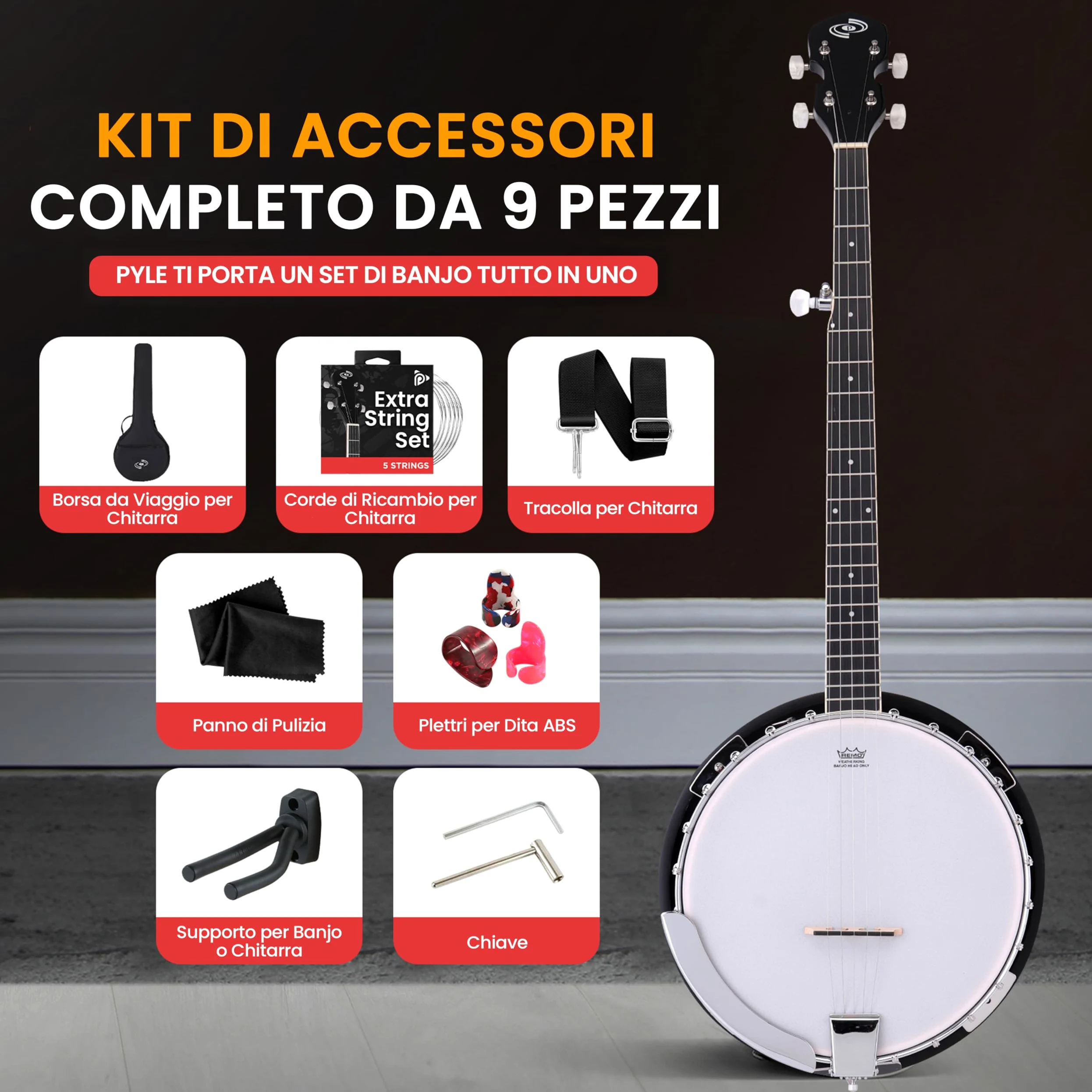 Pyle Kit Iniziale Banjo a 5 Corde con Risonatore, Staffa 24, Tamburo Remo, Retro in Legno Duro, Accordatore, Plettri, Tracolla e Borsa