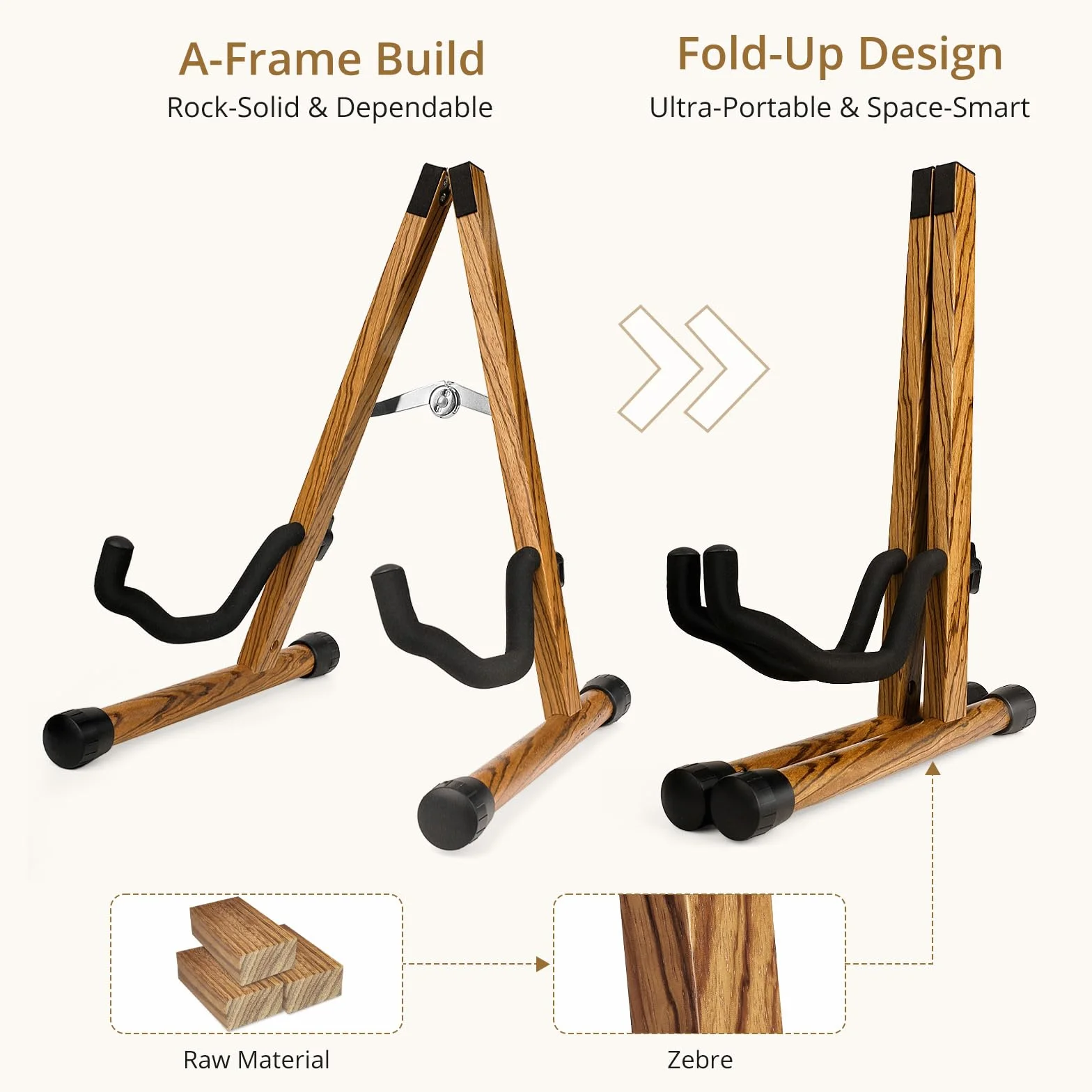 MUSO Supporto per chitarra, pieghevole, facile da montare e portatile, per basso, ukulele, banjo, violoncello, mandolino, supporto solido, durevole (legno zebrano)