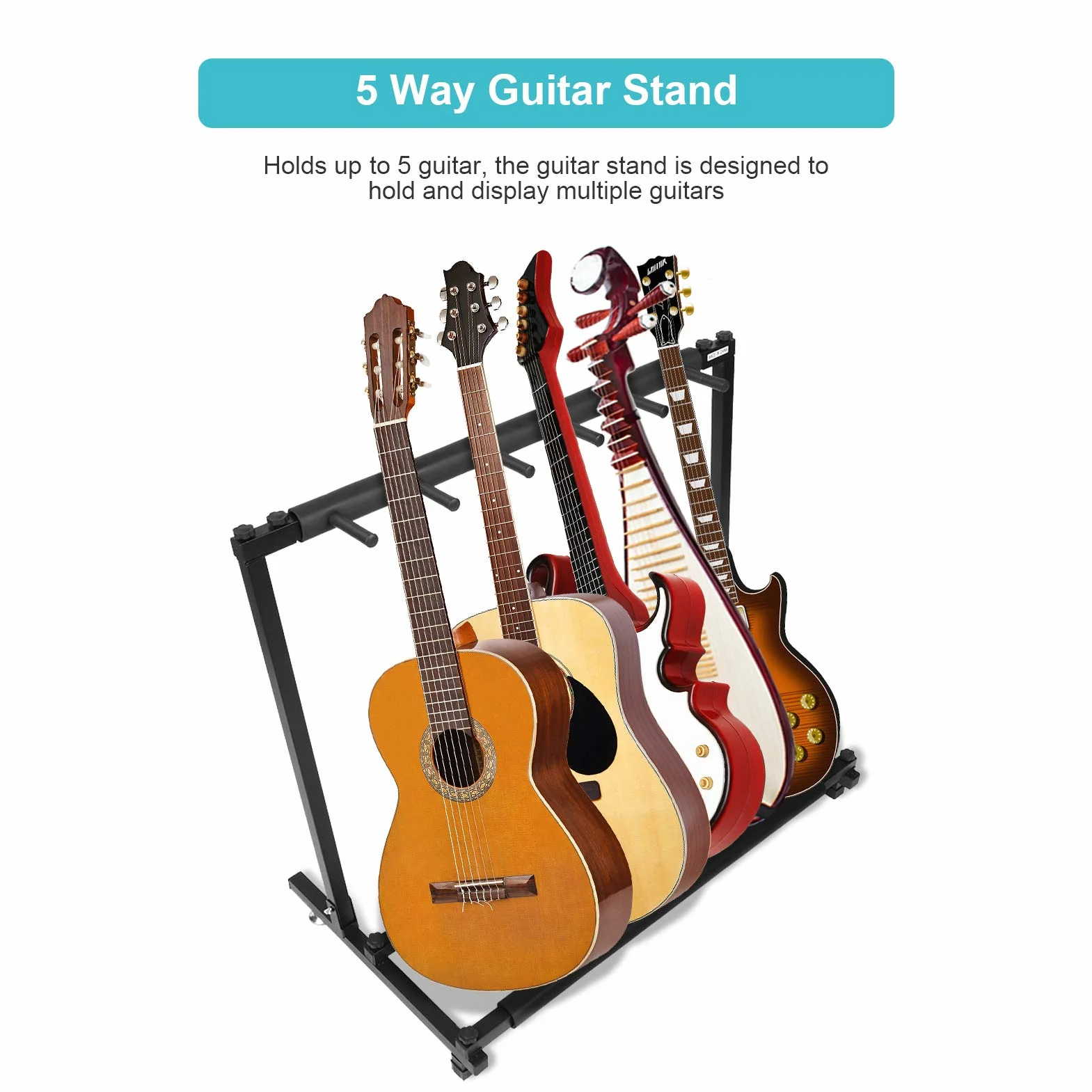 Greensen Supporto per Chitarra in Metallo con Imbottitura Protettiva in Gomma Porta Chitarra da Terra 5 Posti per Chitarre e Custodie, Bassi, Violoncelli 86 x 47 x 73 cm