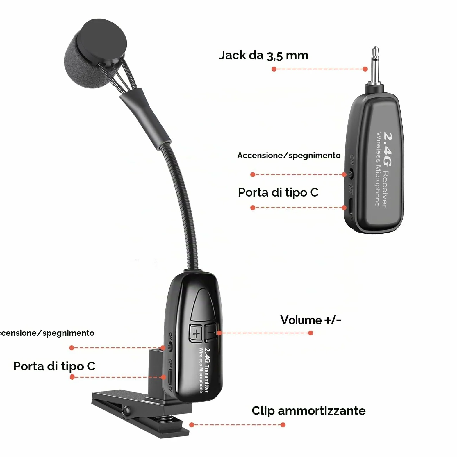 Microfono wireless per sassofono, microfono per strumenti a clip 2.4G, trasmettitore e ricevitore ricaricabile, portata 30,5 m, ideale per sassofono, tromba, tromba, trombone, cornetta, corno