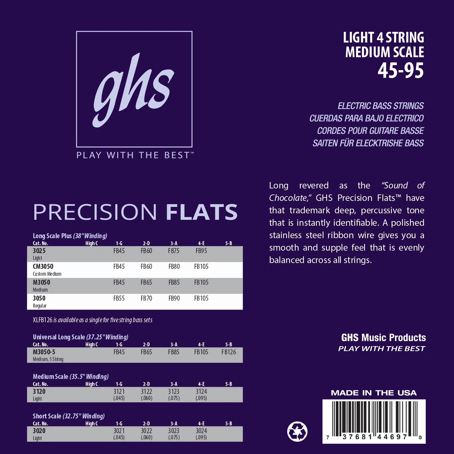 GHS Strings 3120 - Flats di precisione per bassi a 4 corde, in acciaio inox, avvolgimento da 90,2 cm, luce (.045-.095)