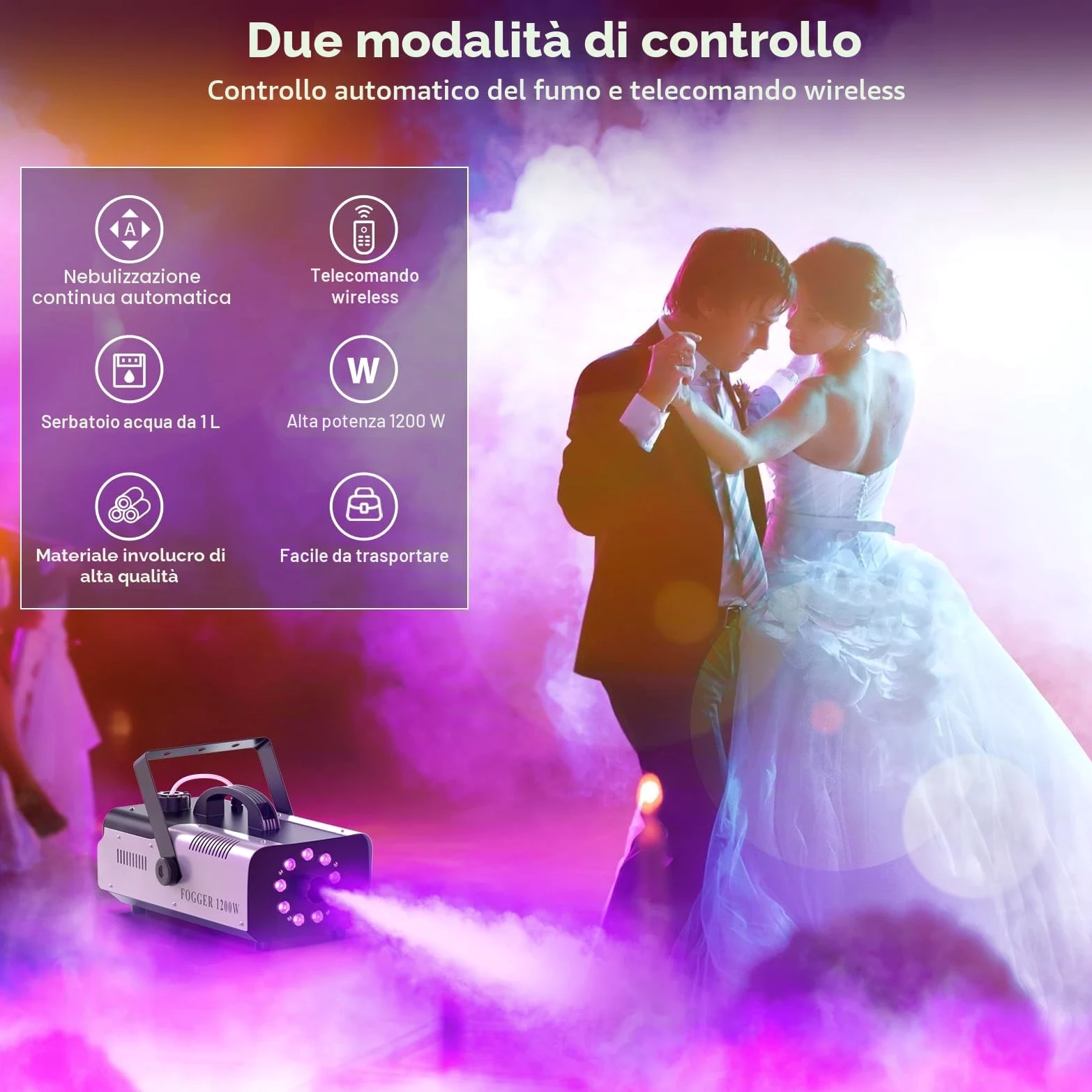 Macchina del Fumo 1200W 9 RGB LED Portatile Macchina del Fumo con Telecomando Wireless per Feste DJ Bar Club Spettacoli Teatrali Matrimonio Halloween