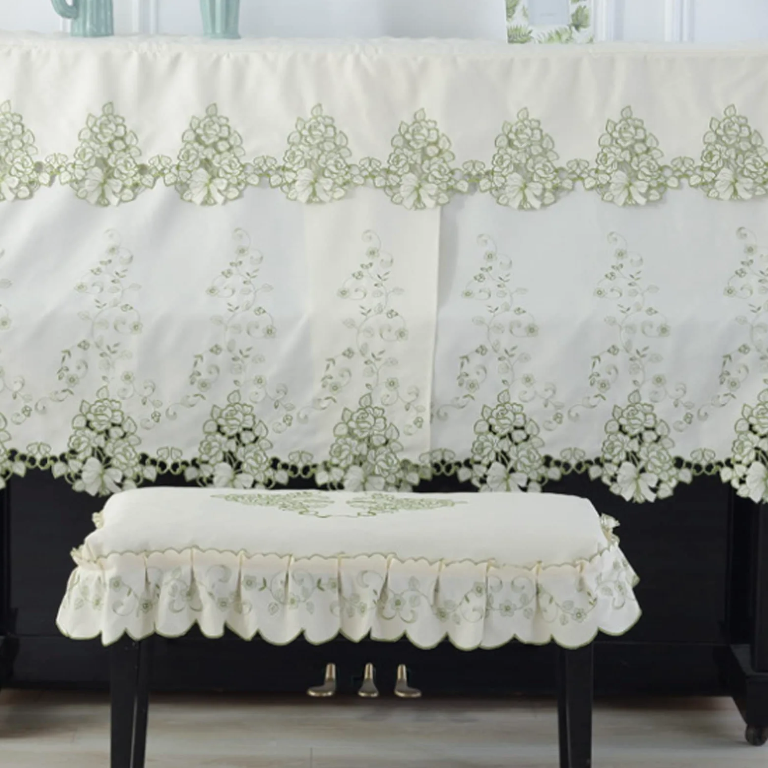 Mezza Copertura per Pianoforte Verticale, Copri Poncho per Pianoforte alla Moda di Lusso, Mezza Copertura Protettiva per Pianoforte Europeo,Green-with Double Stool Cover