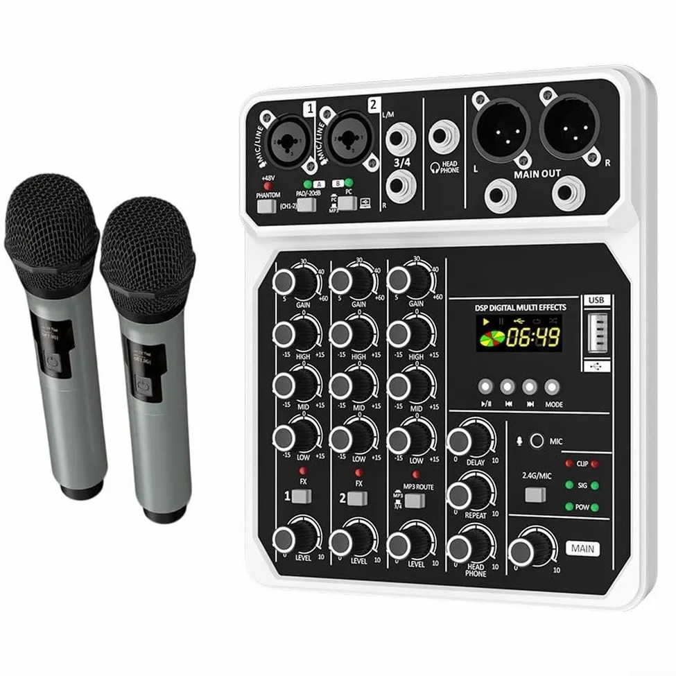 Console di mixaggio compatta a 4 canali da 48 V con microfono per prestazioni Console di mixaggio a 4 canali in miniatura con alimentazione