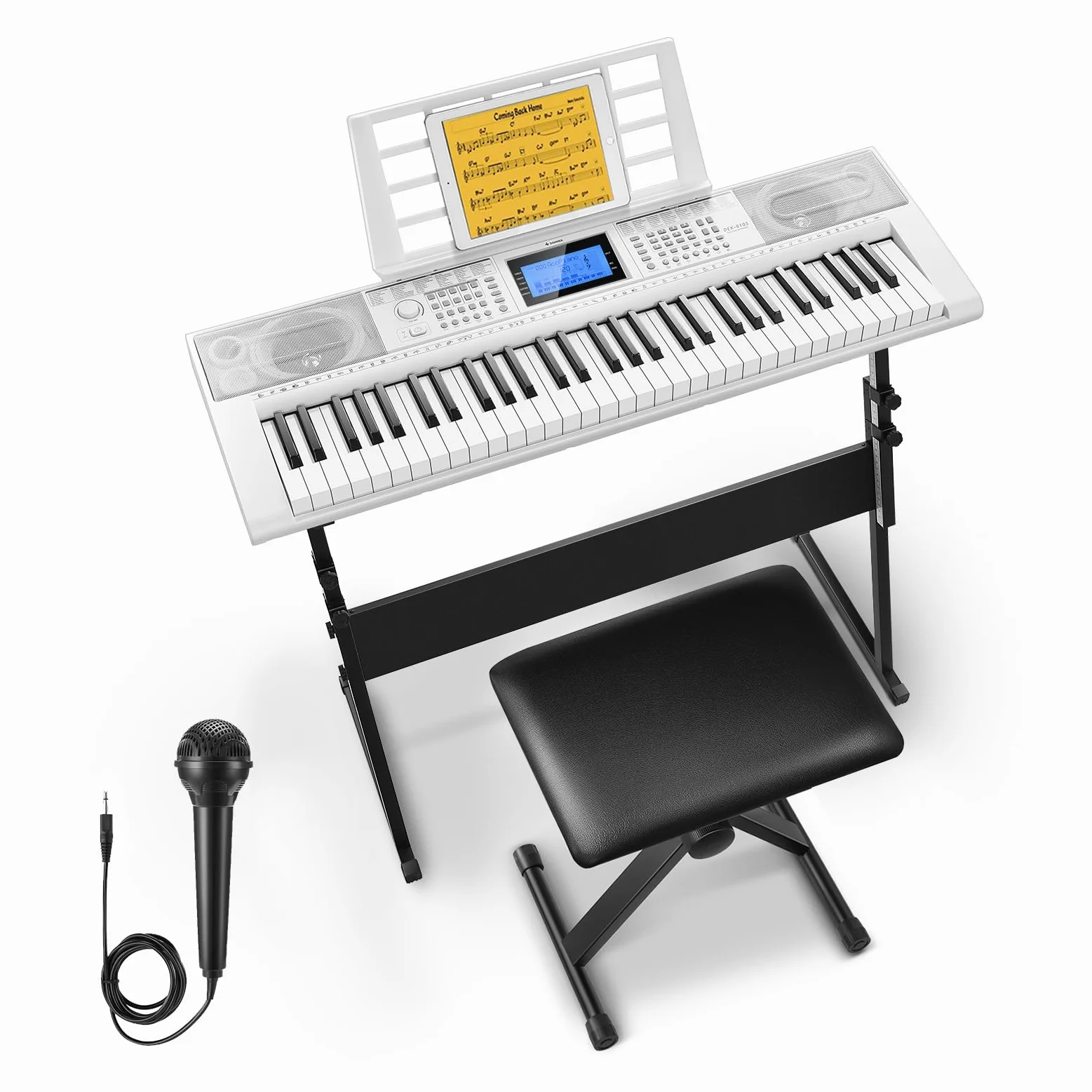 Donner - Tastiera pianoforte a 61 tasti, kit tastiera elettrica con 249 voci, 249 ritmi, include supporto per pianoforte, sgabello, microfono, regalo per principianti, bianco (DEK-610S)