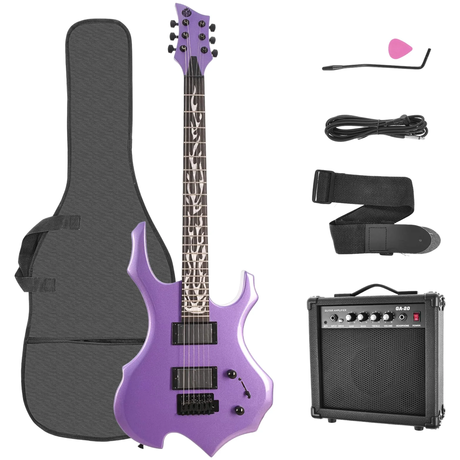 Chitarra elettrica Full Size Flame Design Set con borsa per chitarra, tracolla, amplificatore, braccio tremolo, cavo, plettro, perfetto per principianti e professionisti, chitarra a corpo
