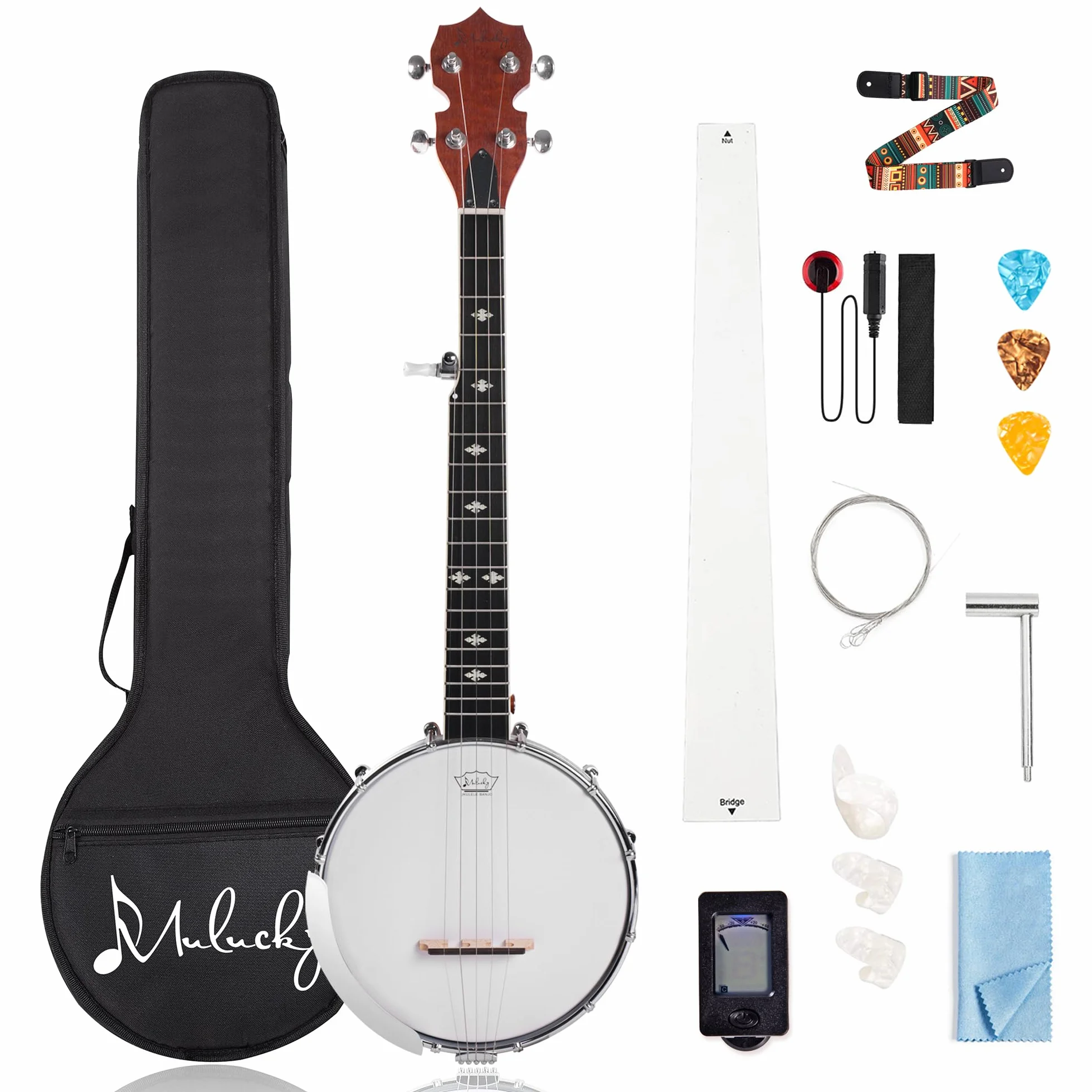 Mulucky Mini banjo a 5 corde, 66 cm, da viaggio, con corpo chiuso e solido posteriore, kit per principianti, con custodia, plettri, tracolla, B807