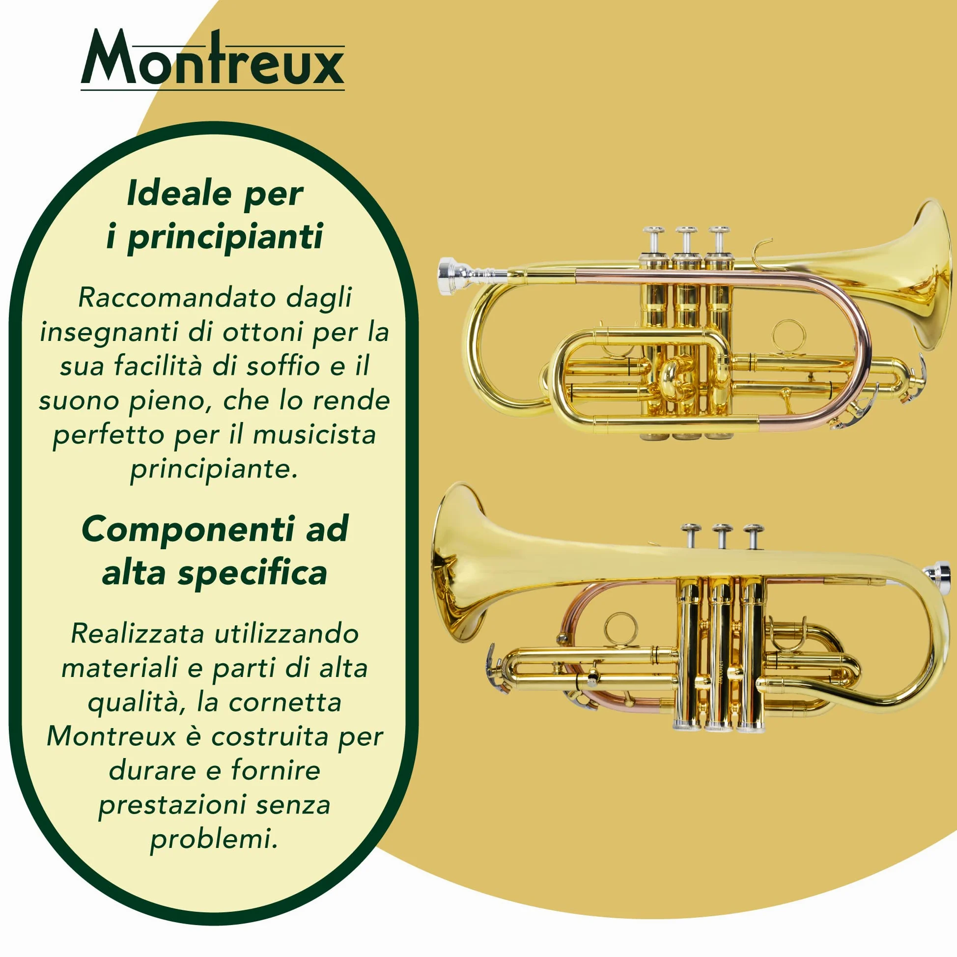 Montreux Student Cornet Sib per Principianti con Custodia Protettiva Leggera, Bocchino - Ottone Laccato, Campana 4,75"/12 cm, Si Bemolle
