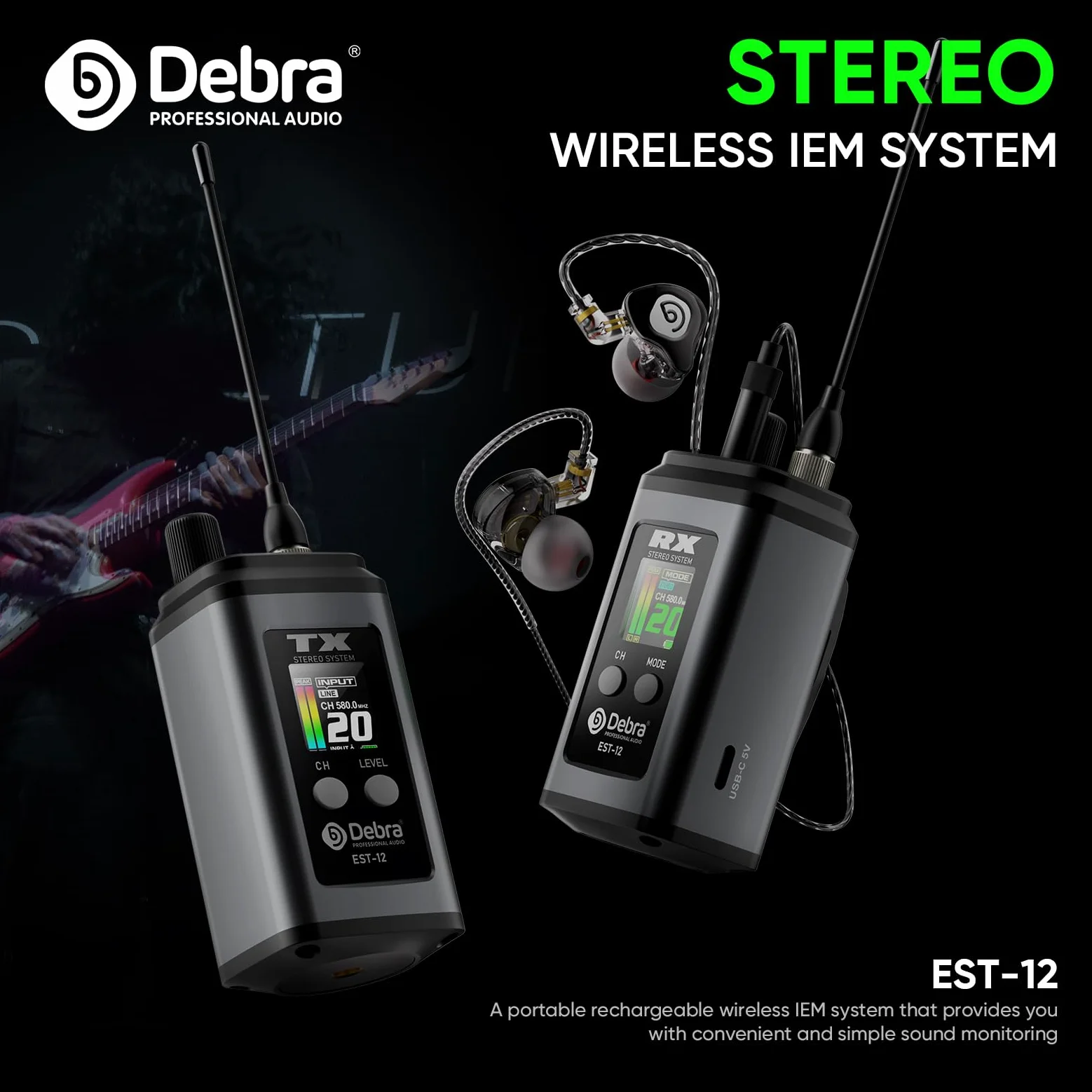 Debra EST-12 Sistema IEM UHF Professionale (1 Ricevitori), 20 Canali, 0ms Latenza, 80m Portata, Custodia Metallica per Studio e Palco (2 Pcs Nero)
