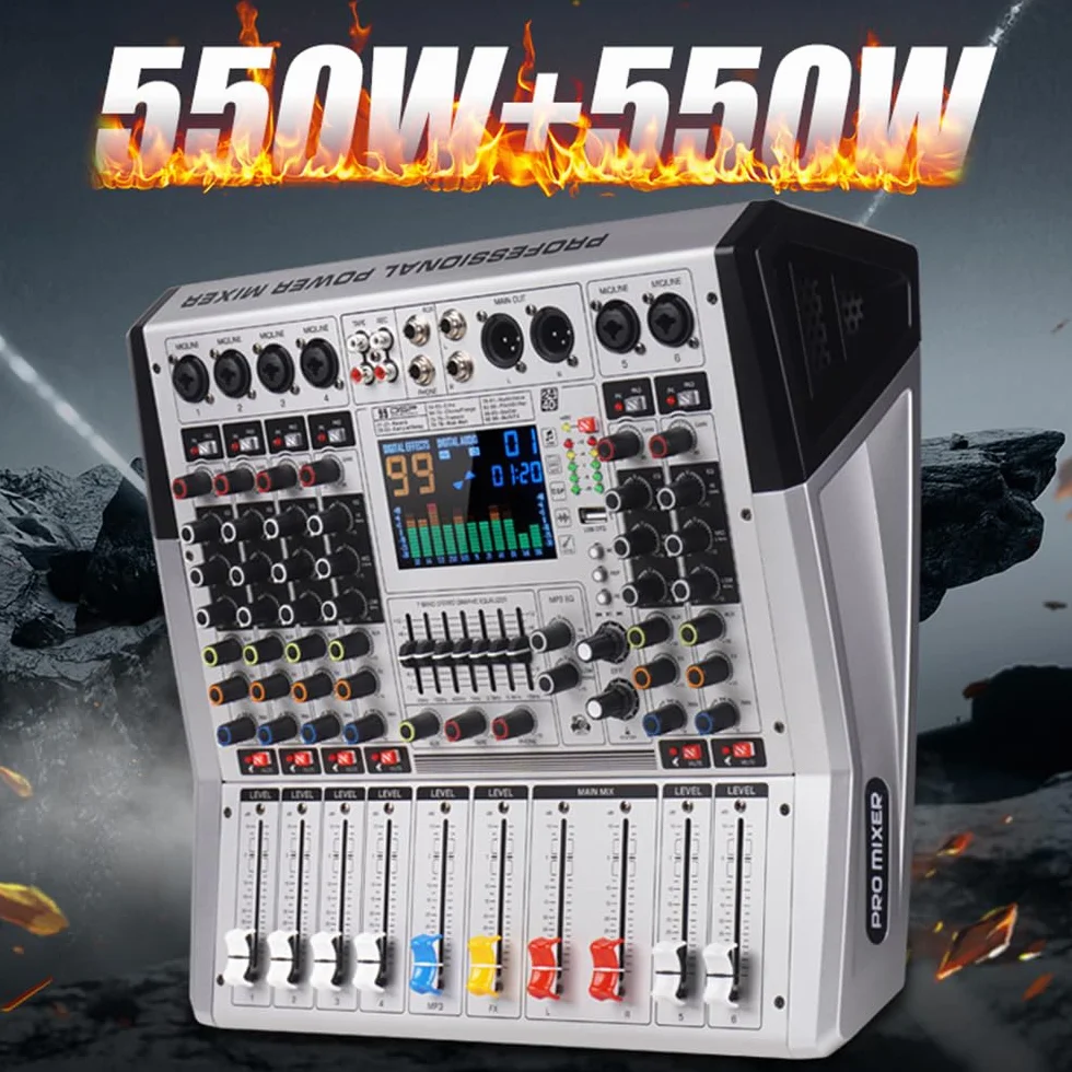 VR-6 PRO Mixer Audio - Amplificatore ad Alta Potenza da 550W x 2, 99 Effetti DSP, Console DJ Audio Bluetooth, Display a Grande Schermo Spettro, Tuner DJ con Riduzione Intelligente del Rumore