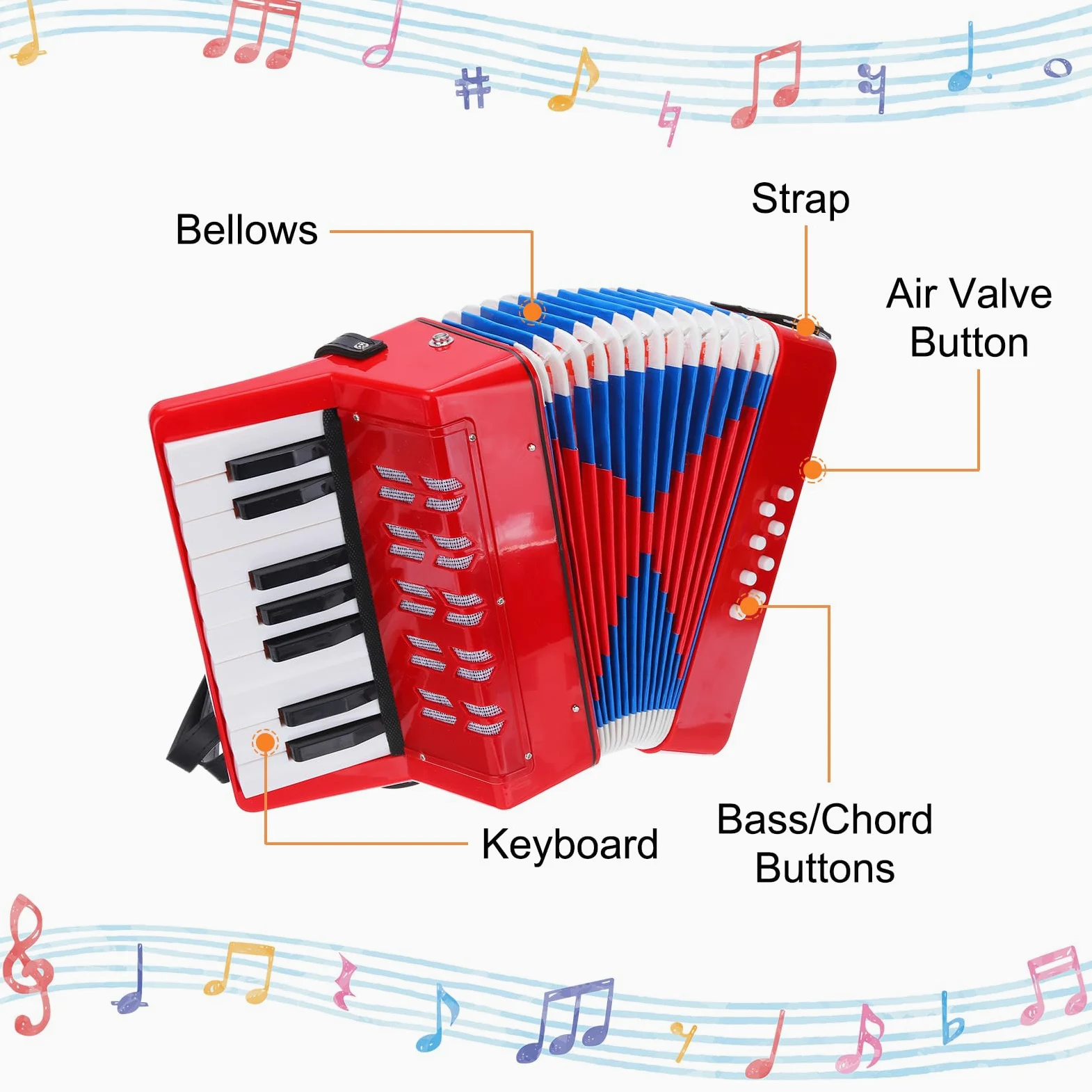 QUARKZMAN Accordion, 17 tasti, 8 bottoni, fisarmonica, giocattolo mini strumento musicale, leggero, per adulti, principianti, istruzione, rosso
