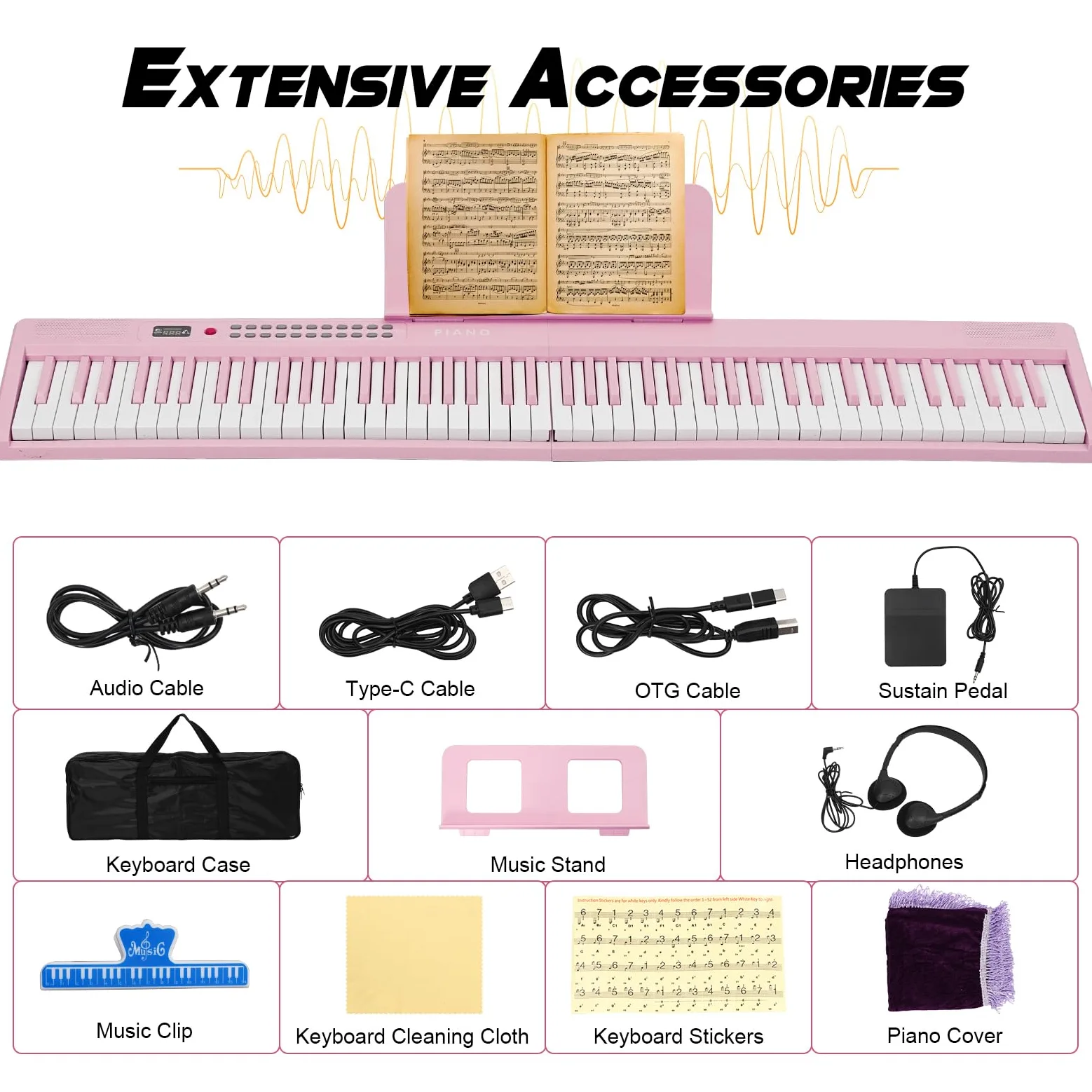 Tastiera per pianoforte a 88 tasti, pieghevole, portatile, con tasti illuminati, pedale professionale, Bluetooth, cuffie, MIDI, 200 suoni, 80 canzoni demo, modalità lezione per principianti, rosa