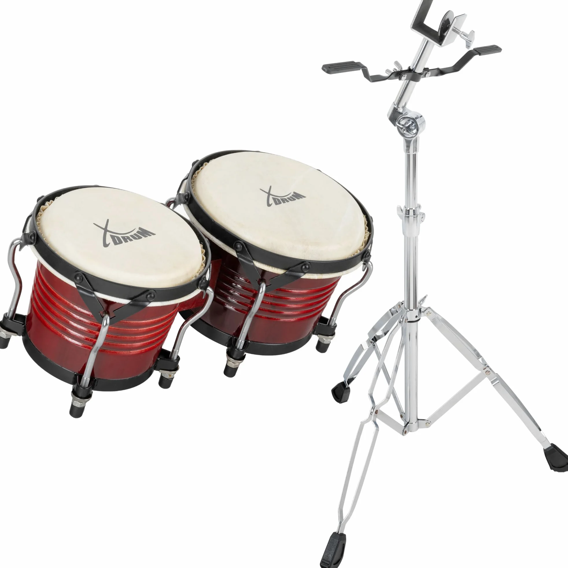 XDrum Bongos Pro Rosso Vino - 2 Tamburi con diametro 6,5" (17 cm) e 7,5" (20 cm) - Bonghi con pelli naturali accordabili, chiave di accordatura e supporto - Tamburi in legno rossi